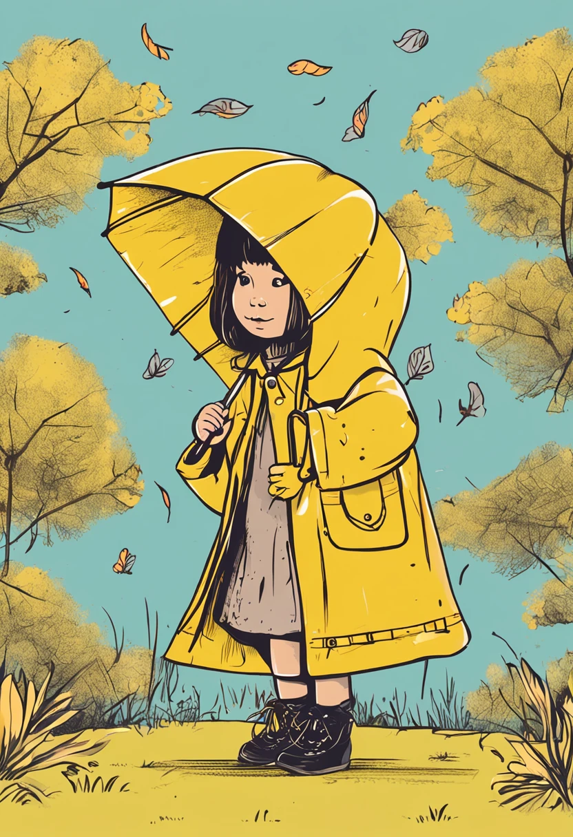 A little girl wearing a long yellow raincoat on a cloudy day,A hat on his head,Squat on the lawn of the park,Stick a mini umbrella into the dirt,Under the umbrella is a small red flower,Children's picture book style,beautiful with detail,The picture is clean,Artistic quality