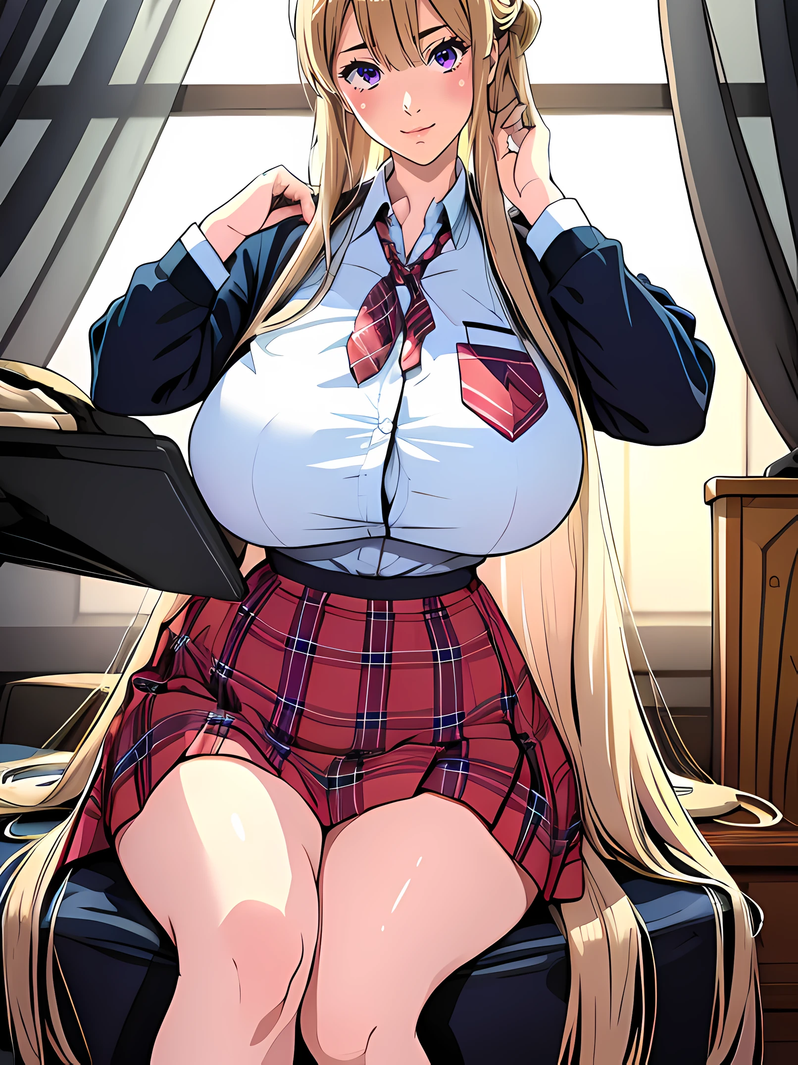 1girl in, (blush)+, lightsmile, School uniform, Short sleeves, Narrowed eyes, (upward-eyed)1.1, Backlight, Bokeh, (the see-through white shirt), bowtie, (Large breasts), (crass room)And(chair sitting sitting),  Spread legs, plaid skirts, White panties, a blond,a beauty girl, blush, Seductive smile,Insane details and very detailed, Huge lower eyelid. masutepiece, of the highest quality, Ultra high definition, max resolution, Very detailed, Clean skin,