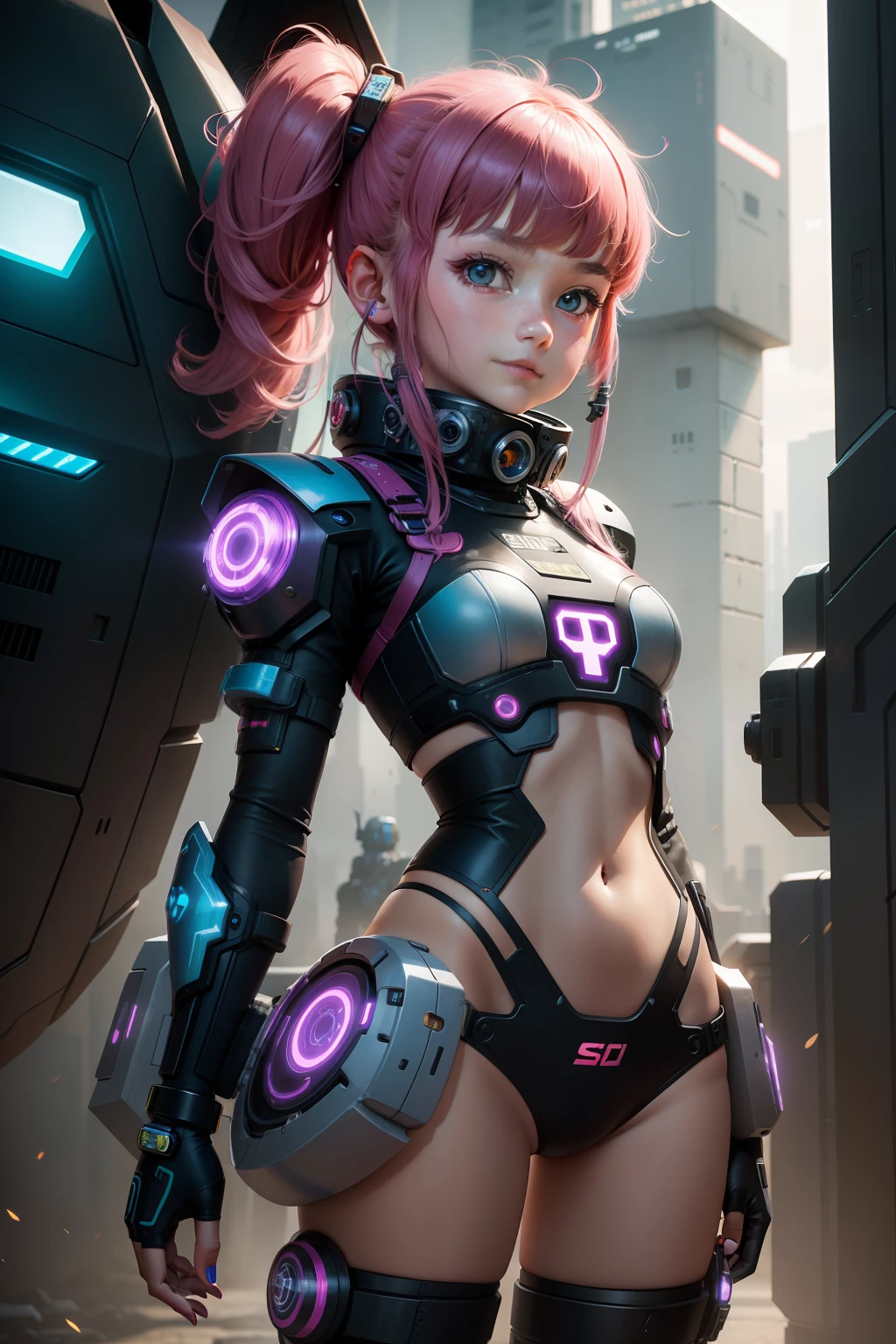 A ten-year-old girl,in mecha style,cyber punk perssonage,ssmile,fully body photo