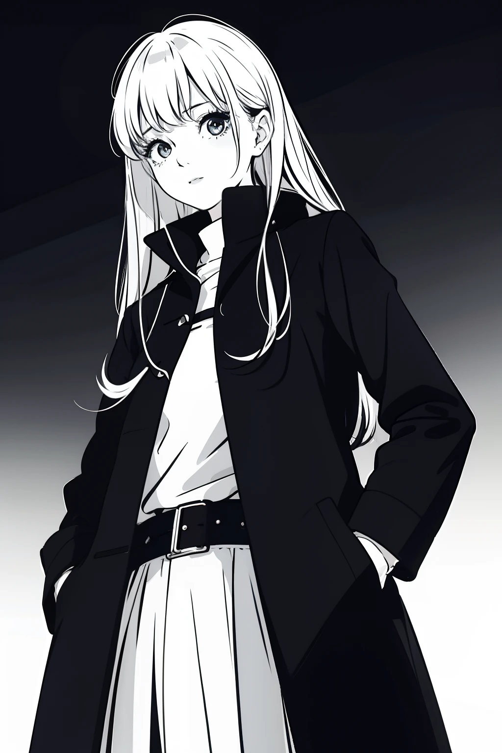 1girl,nightcity,Sateen,coat large,Put your hands in your pockets,black and white manga style,Black and white tones