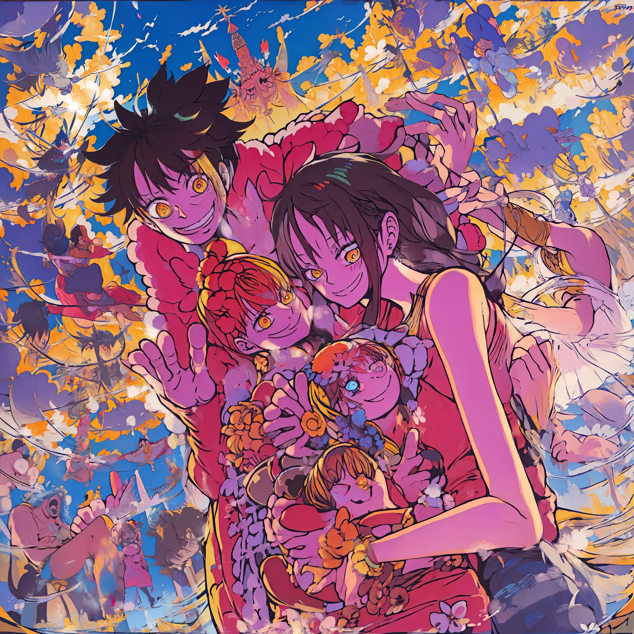 Makima, monkey d luffy in couple ,Lovey Dovey,, , ,, 1boy+1GIRL, couple, subrealist, sky , tulipan, nighte, psychedelic