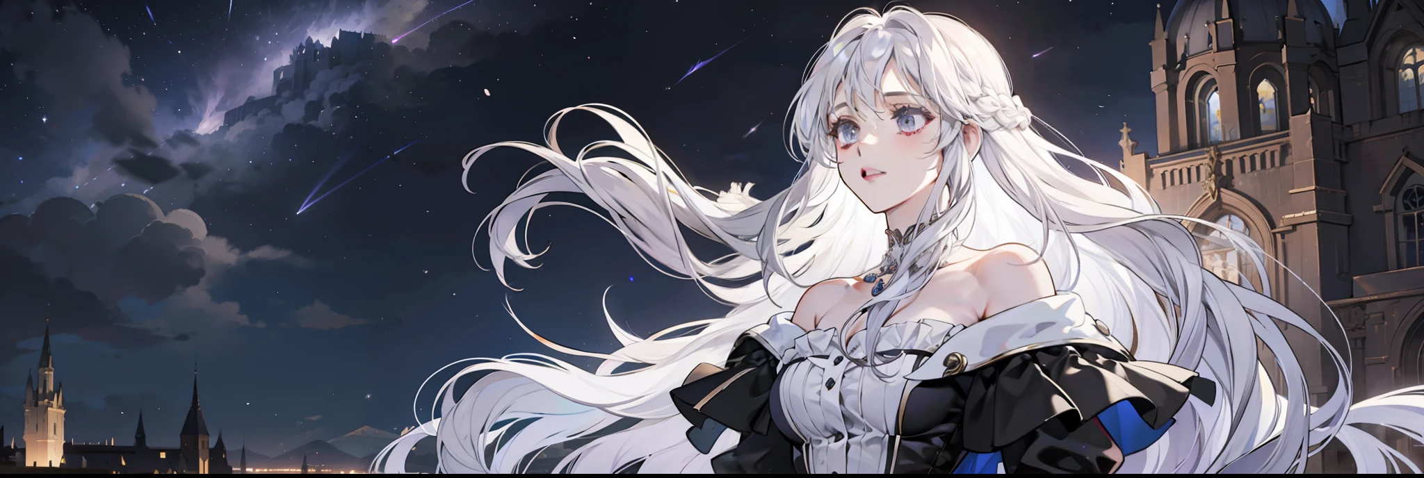 (masterpiece, best quality:1.2),1 girl, Upper body,Tail, large Tail, white hair, very long hair, curls, gray eyes, deTailed eyes, colorful hair, ring, bead necklace, animal ears, leopard ears, black cloak, white dress, Hip vents, pelvic curtain, gray stockings, Snowing, Snowing mountains, snowstorm, Volumetric lighting, subsurface scattering, light, chiaroscuro, Floating hair, Put your hands on your chest