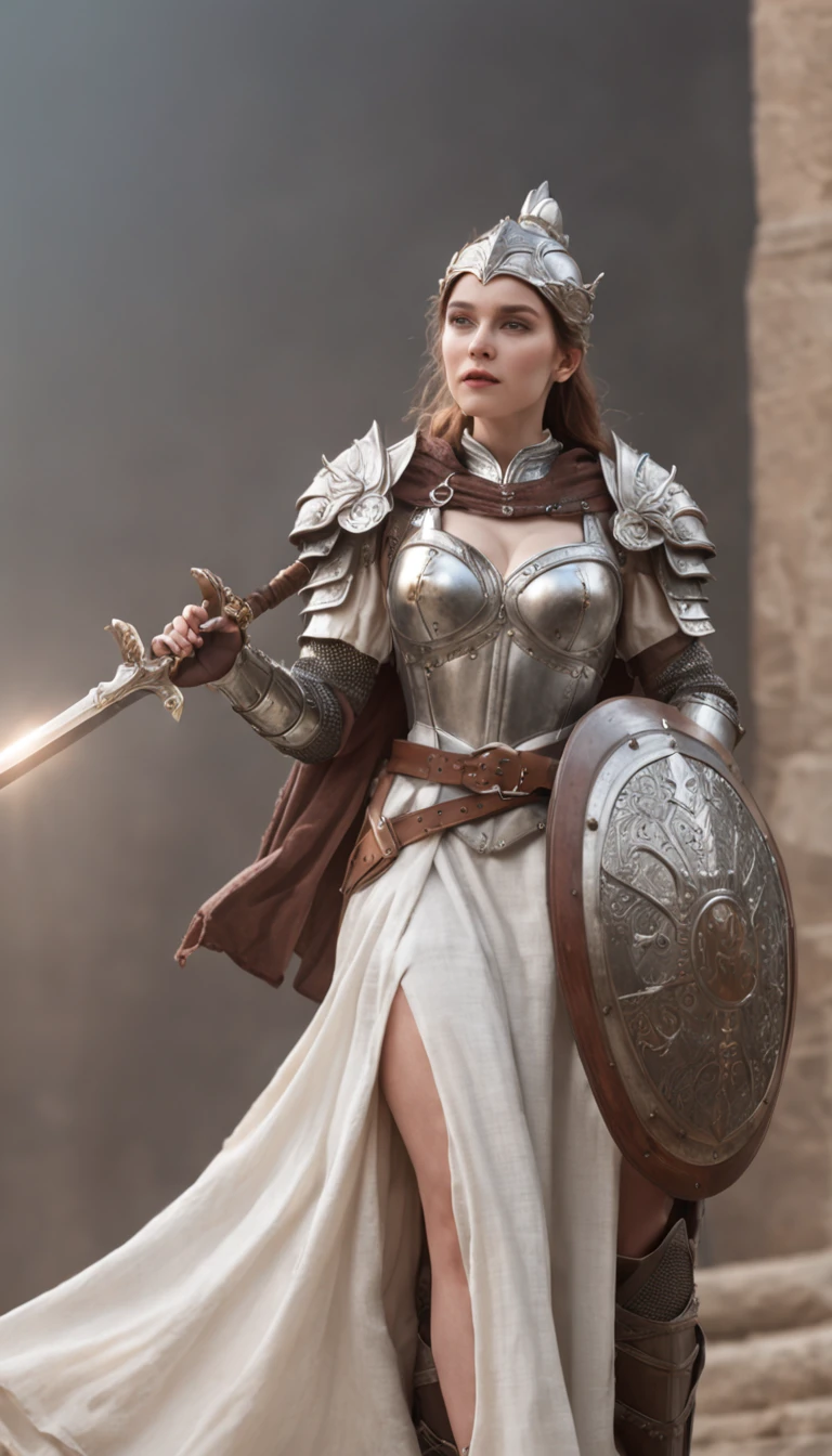 ((masterpiece)), (((best quality))), ((ultra-detailed)), ((illustration)),[realism light effect],shadow,A female knight，armour，giant sword，noble，Shine with light，(white backgrounid:1.5)