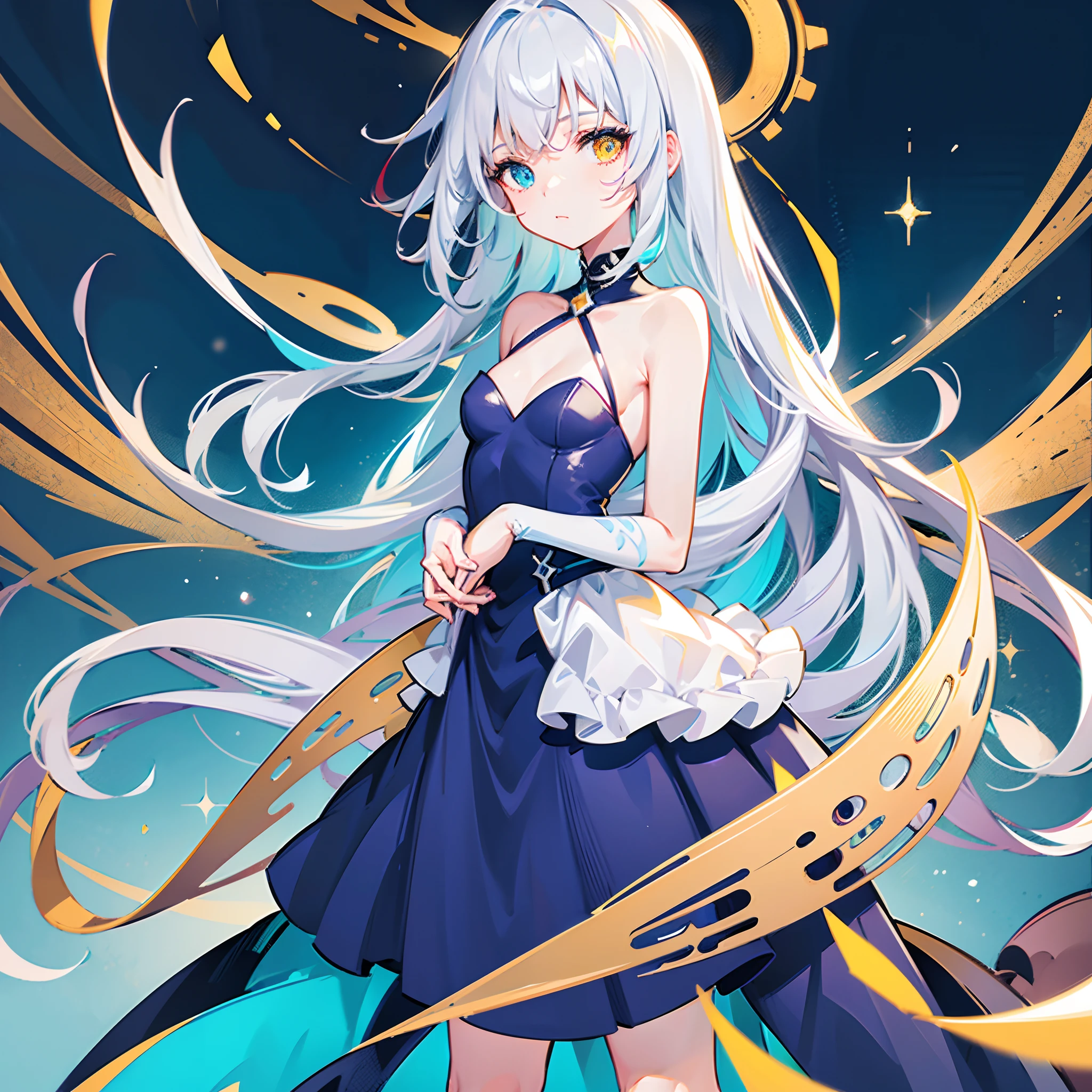 Best quality, highest resolution, 1 girl, solo, young woman, small breasts, perfect anatomy, well drawn hands and arms, elegant long blue dress, whole picture, multicolored hair, Short hair, white hair with blue fringe, heterochromia, blue and yellow eyes, looking at viewer, city streets, starry nights