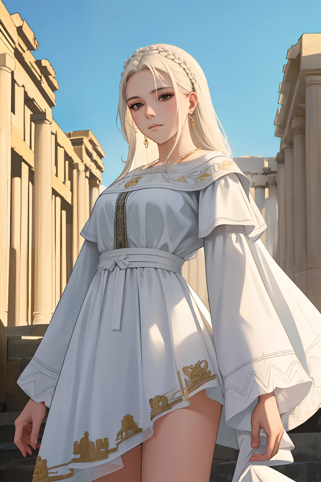 NSFW, obra-prima, melhor qualidade, ultra-detalhado, semi-realista, detailedfacialfeatures,1woman,wearing clothes from the Roman Empire,cabelos curtos negros,olhos negros,sobrancelhas afinadas,voluptuosa,sexy ao extremo,muito bonta,seios grandes,mulher primorosa,educada,standing in front of the Parthenon