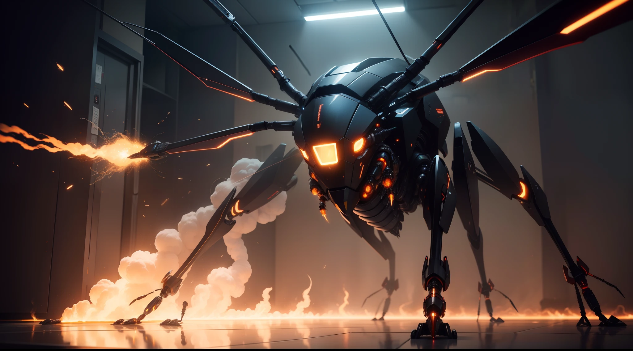 cybernetic insect. Six legs. breaks free from the laboratory. There are sparks, fire and smoke all around;. bright light. Clear details. sharp edges, sci-fi technology, Technological flair, 8k рендер, bright light, reflections on floor