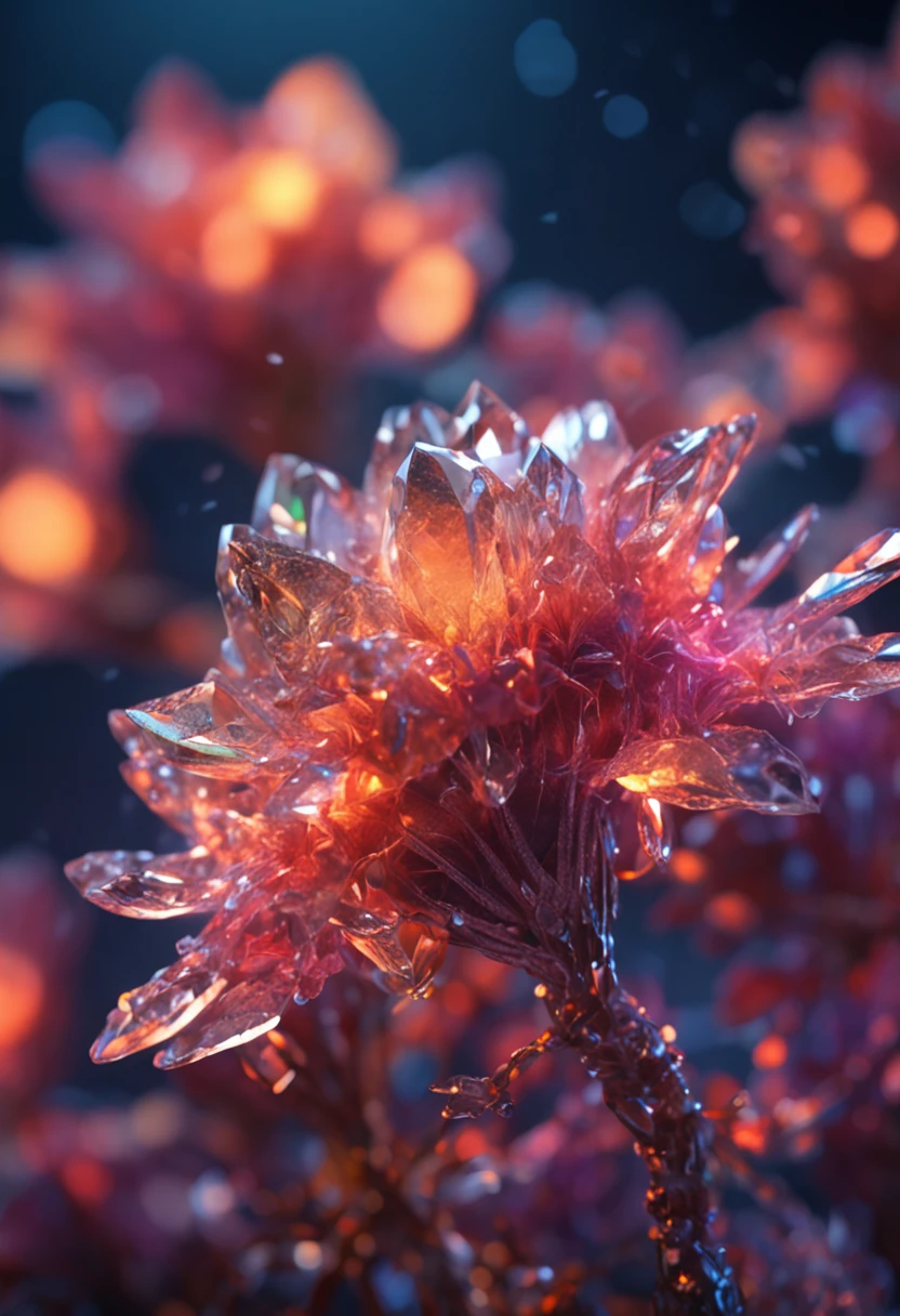 Crystal flowers, fanciful, milky ways, cleanness, sparkling, sparkling, Shining, coloring, magic photography, The lighting is dramatic, Foto realism, ultra - detailed, 4K, depth of fields, A high resolution