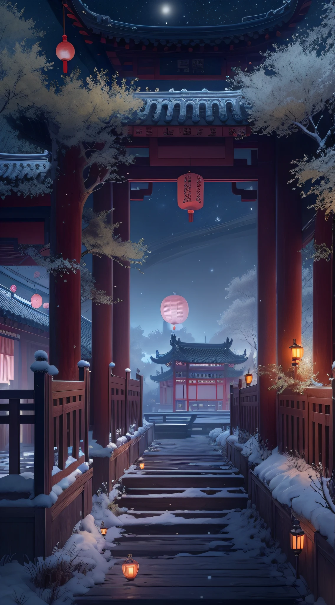 Rendering in surreal CG ancient China,Jiangnan ancient buildings and ancient towns have Yaolin wonderland。the night,The stars are bright,The smoke is fascinating,Maple leaves and milk leaves are trees。snow landscape。k hd