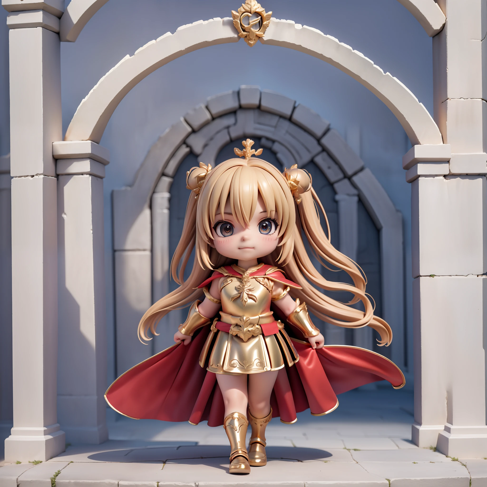 hyper HD, Masterpiece, Textured skin, Super detail, High details, Best quality, 1080p, Solo，Q version style, a 3D render,(royal knights)(a little lovely kid girl)，Wearing heavy armor in gold，Red cape，holding a large sword in her hand，Stand in front of the gates of the ancient castle