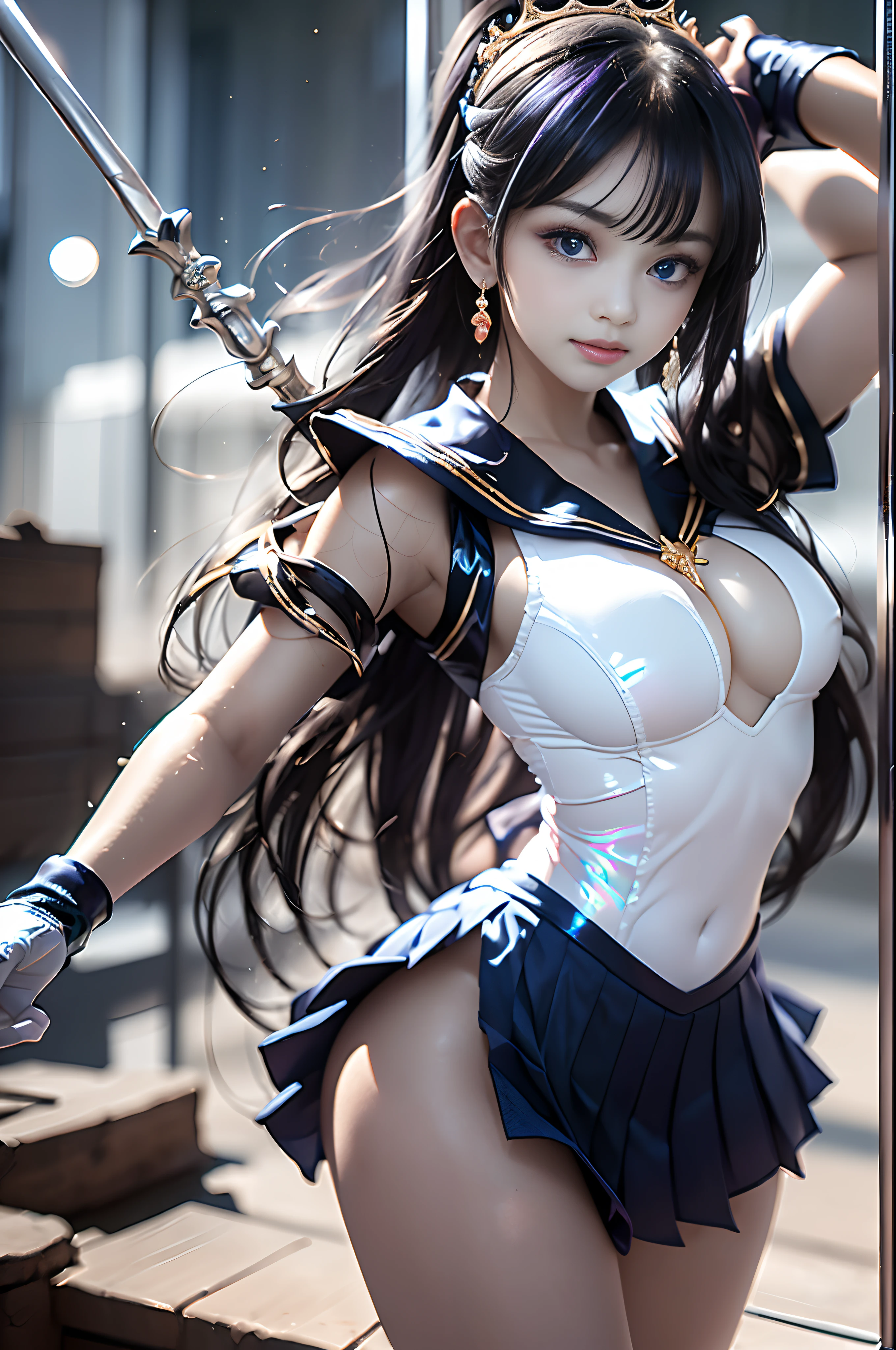 ​masterpiece、ful:1.3、stands、8K、3D、realisitic、Ultra Micro Photography、top-quality、Wallpapers with extreme details CG Unity 8K、frombelow、Sexy and dynamic model poses,dynamicposes,dynamic ungle、intricate detailes、(1 rapariga)、13years、Sailor Saturn:1.6,Hotaru Tsuchimoto:1.5,Sailor Senshi Uniform:1.4、Shiny purple hair、Bob-cut hair fluttering in the wind,((Big long spear,battoujutsu stance,arma,Big sickle,Popol Weapon:1.2 )),(Purple sailor color,Purple pre-gate mini skirt:1.4、Purple Pleated Mini Skirt:1.4、Show cleavage,Cameltoe,Very thin and fit high gloss white holographic leather、High Leg Silver Swimsuit,very large red bow on the chest,,,,,,,,,,Very big red bow on the buttocks,Long white latex gloves,Purple gloves on elbows、Luxurious Golden Tiara、Metallic luster,Holographic Nagros,耳Nipple Ring,)、tiny chest:1.6、小柄,a small face、Thin, perfectly proportions、big breasts thin waist、(Outline of the iris:1.3, Details of face:1.3、Bright blue eyes、Beautiful expression、beautidful eyes、shinny eyes、thin lipss:1.7、thin and sharp pale eyebrows,、long dark eyelashes、Double eyelashes、Luxurious Golden Jewelry、Visible Pore、Young Face、Sad look,seducting smile、perfect hand:1.5、thin and muscular,,,,,,octan render、highly dramatic picture、Strong natural light、sunlights、exquisite lighting and shadow、Digital SLR、foco nítido: 1.0、Maximum clarity and sharpness、((Holy Grim Reaper:1.5,Saturn's holy:1.5,Dynamic cosmic background:1.3、Saturn ring:1.5、rays of moonlight)),(meishaonv,tiarra,Gold tiara on forehead,a sailor suit),Sailor Saturn,
Gold tiara on forehead,mix4