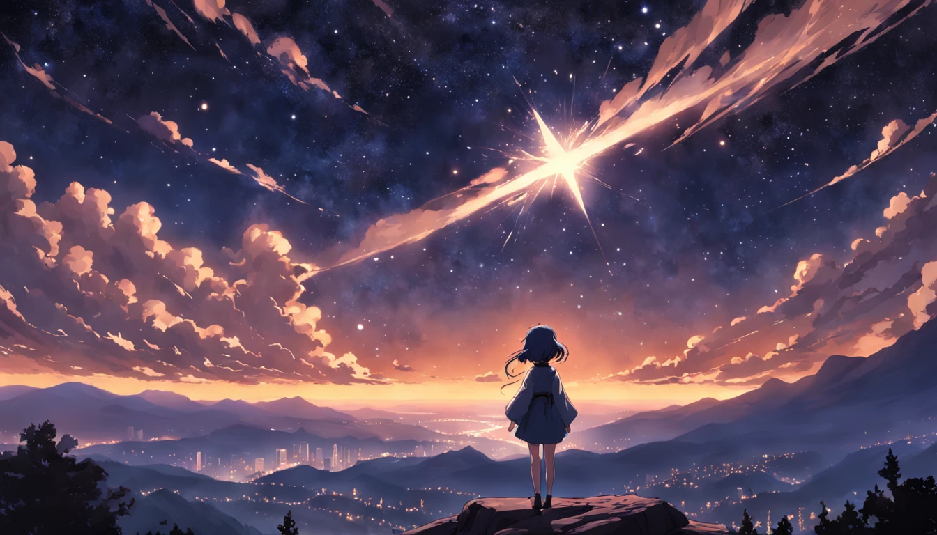 "Illustrate Nova, a small star, gazing up at the night sky."