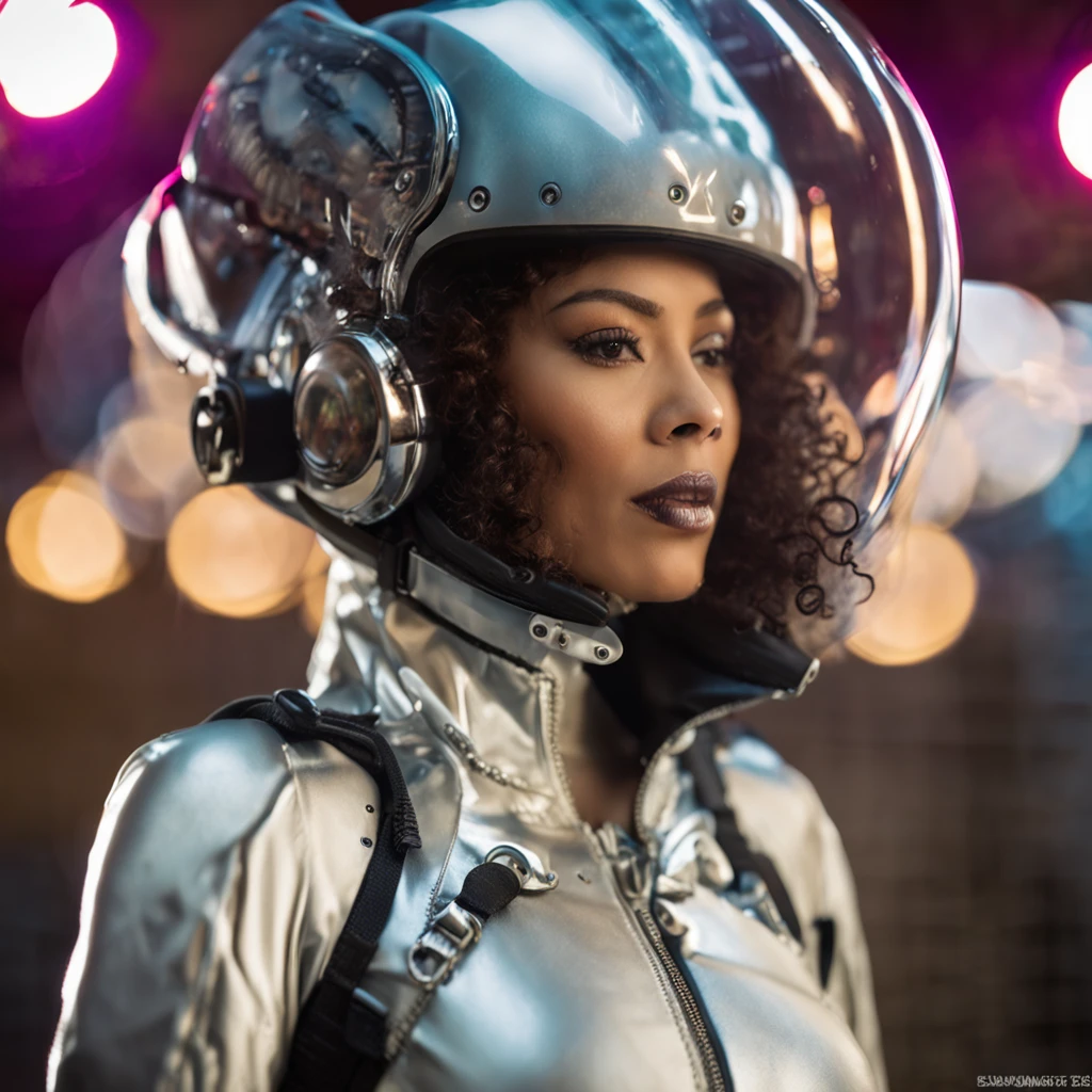 android, (bamboo forest:1), (Adult Spanish woman:1.6), (full body:1.3) (polyvinyl Jacket With Rivets:1.3), astro helmet (open zipper:1.8), (sexy:1.6), (erotic:1.6), (afro hairstyle:1.6), best quality, sunlight, detailed face, gorgeous eyes, realistic skin details, high quality, seen from below, translucent, (voluptuous:1.8), sensual, lascivious, dominant, romantic, high quality, film grain, Cinematic Light, sidelighting, sharp focus