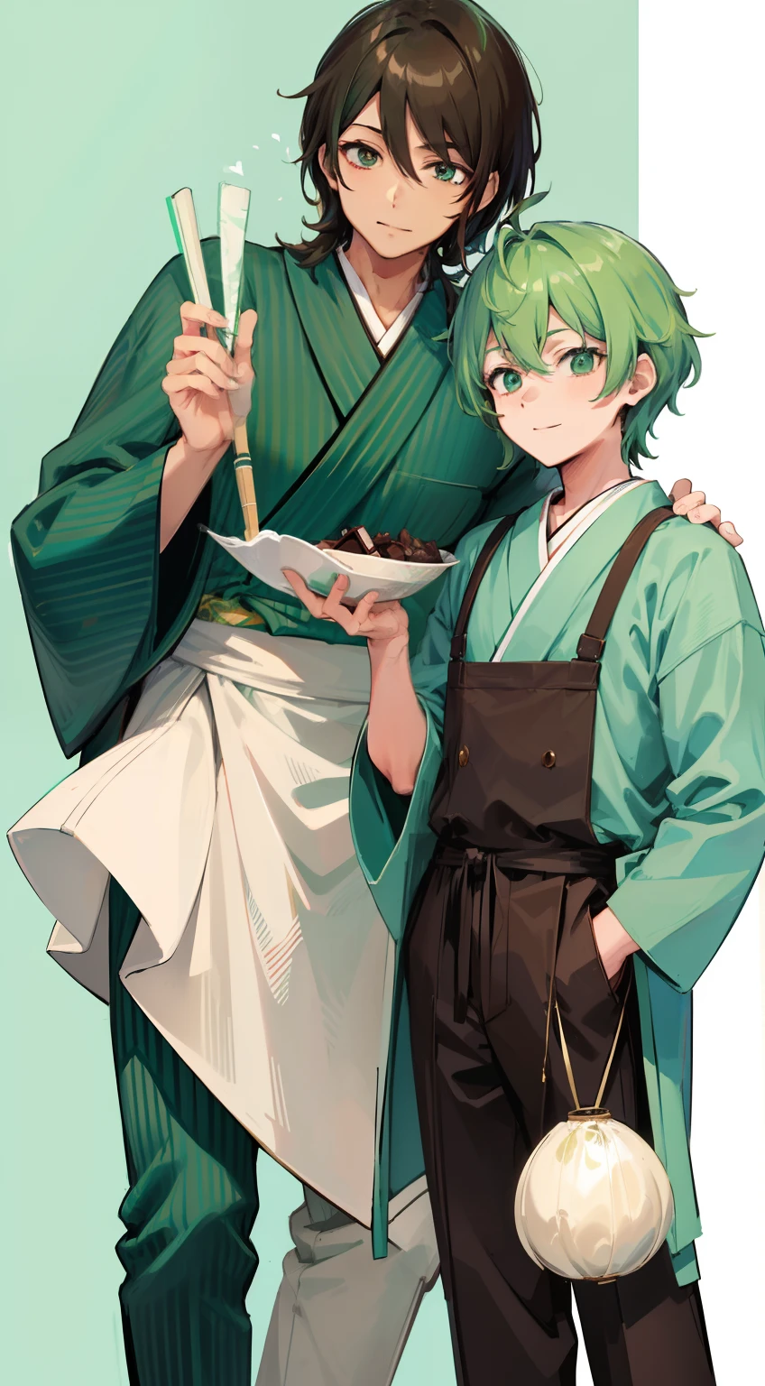 Japanese anime, Mint-haired handsome young man in chocolate-mint outfit. Mint green blends with chocolate brown in attire. Accents of leaves and crushed chocolate. Pants have mint stripes. Mint and chocolate sneakers. Smiles with chocolate-mint ice cream. Costume emits refreshing scent. White background