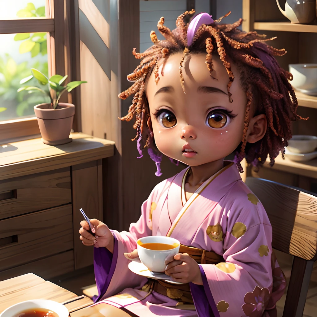 Cute brown skinned baby chibi anime, with freckles,purple and pink kimono, sit in tea cup