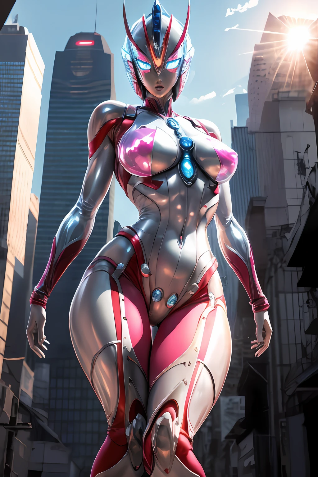 masutepiece, Best Quality, hight resolution,Realistic,Upper body,
1girll,Female Ultraman,an enormous woman,Mecha Ultraman, Looking at Viewer,Blue, Gold and pink power armor,Luminous Full Armor, (translucent:1.4),(Stance:1.1),biomechanical,
building background、Mini City,metal reflective, Dramatic Lighting,。.。.。.。.。.。.。.。.。.。.。.。.。.。.。.。.。.。.。.。.。.。.3D, super detailed, Octane Render,NSFW,(victorious pose:1.3),(Cameltoe:1.2)、From below、Spread legs、show off groin,groin focus ,Spread legs,No hair,urban backdrop、the morning sun、jumpping