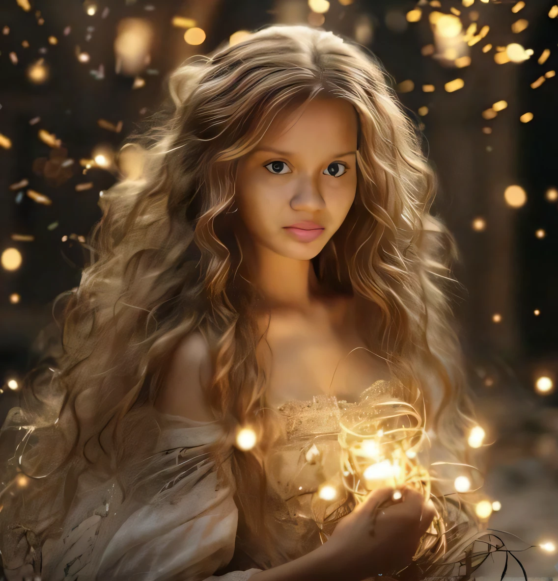 A closeup of a woman holding a light in her hands, girl with magical powers, fantasy gorgeous lighting, portrait of magical young girl, karol bak uhd, long glowing ethereal hair, a stunning young ethereal figure, Loira - Princesa Cabelos, princesa bonita, fada bonita, cabelo brilhante brilhante, very magical and dreamy, fantasy fairytale story, fiber optic hair