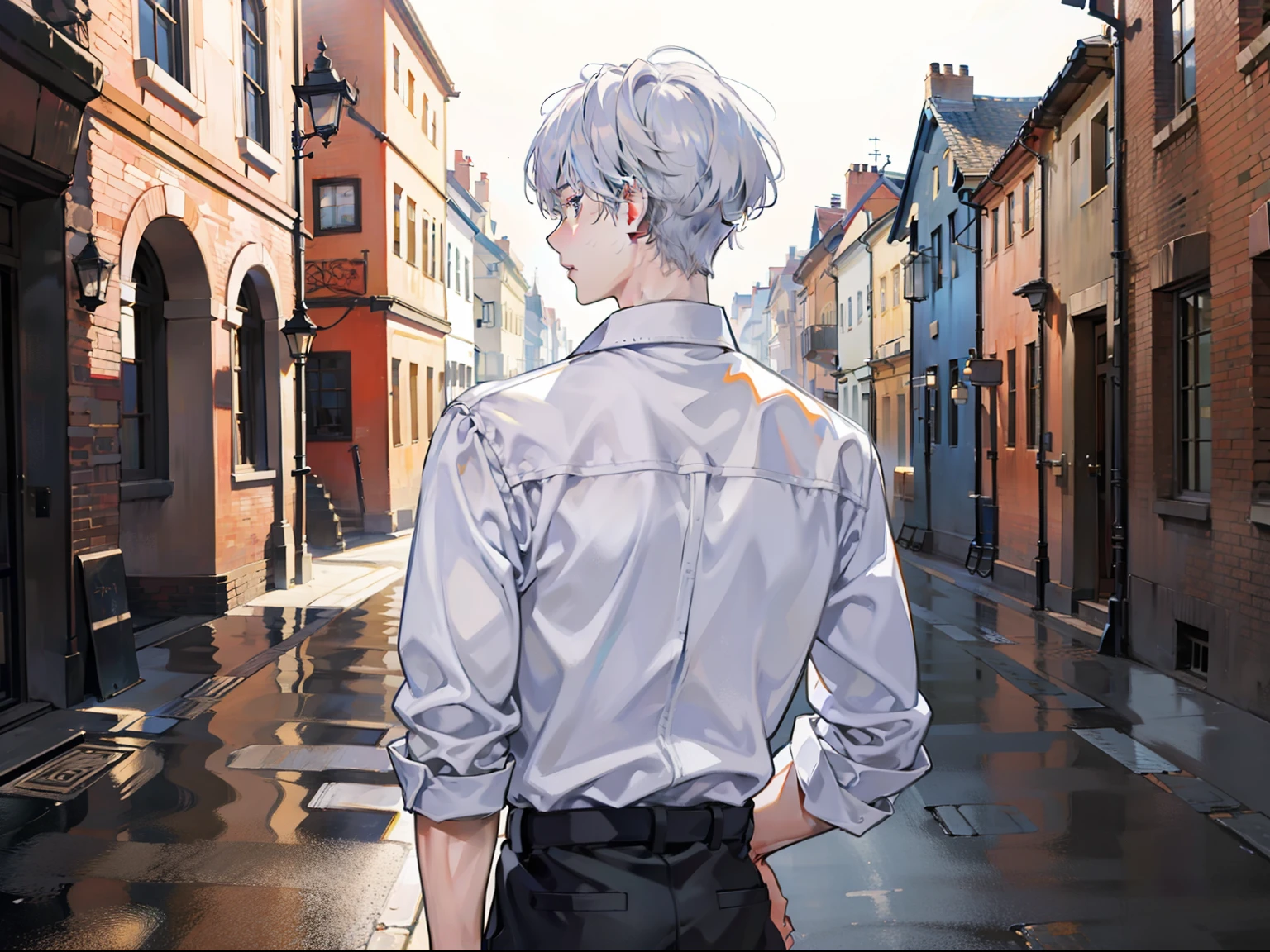 The white-haired boy touching the back of his head,Stand on the streets of the ancient town,Back Shadow