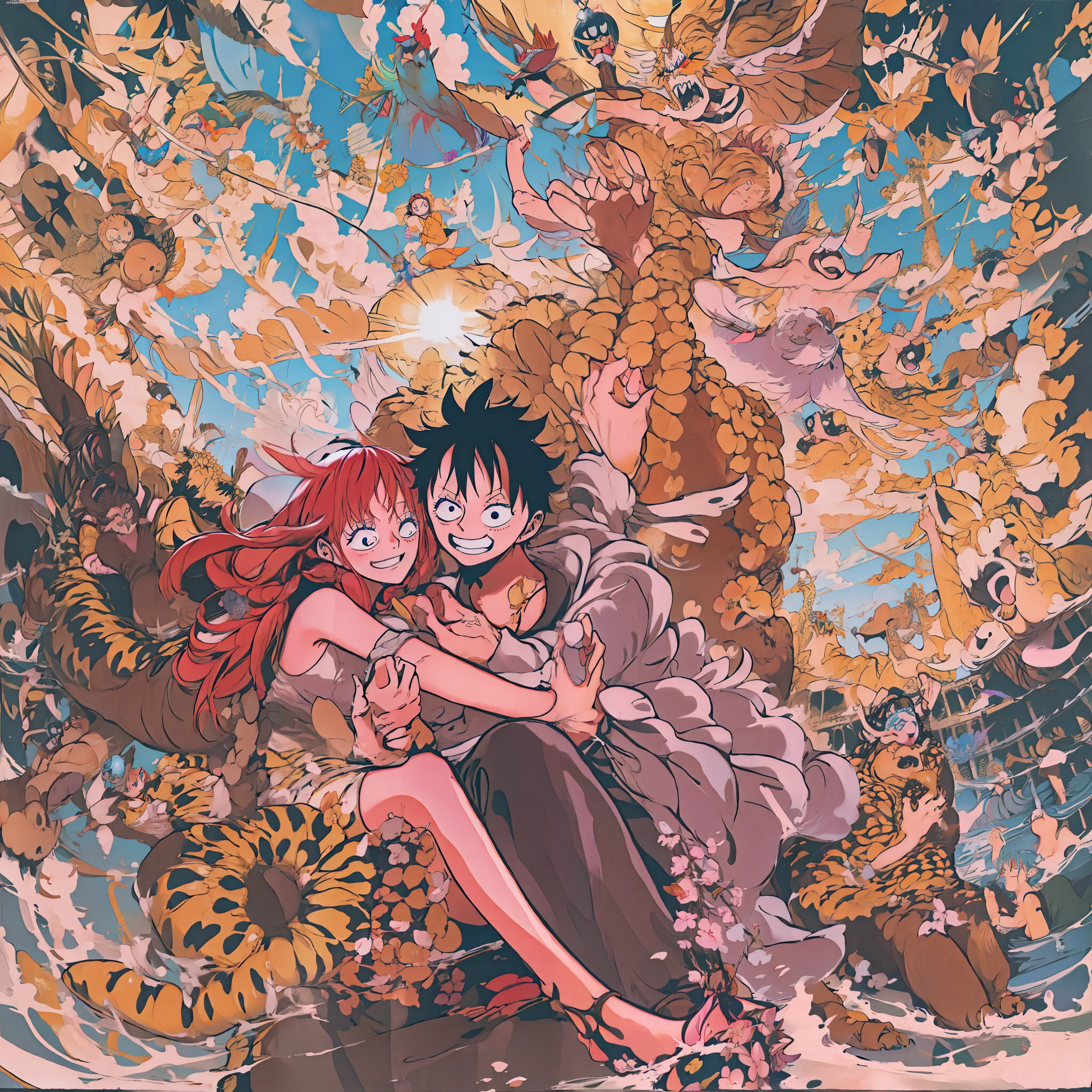 Makima, monkey d luffy, couple ,Lovey Dovey,, , ,, 1boy+1GIRL, couple, subrealist, sky , tulipan, nighte, psychedelic