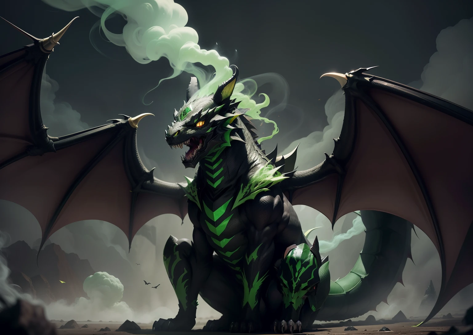 1Black dragon,adicionar veneno na boca, adicionar armadura prata, adicionar asas grandes, dentes afiados, Two paws on the ground, dragon's head, veneno verde, demonio, veneno verde, green smoke, Vapor verde, place covered with green smoke, veneno, acid, gosma,