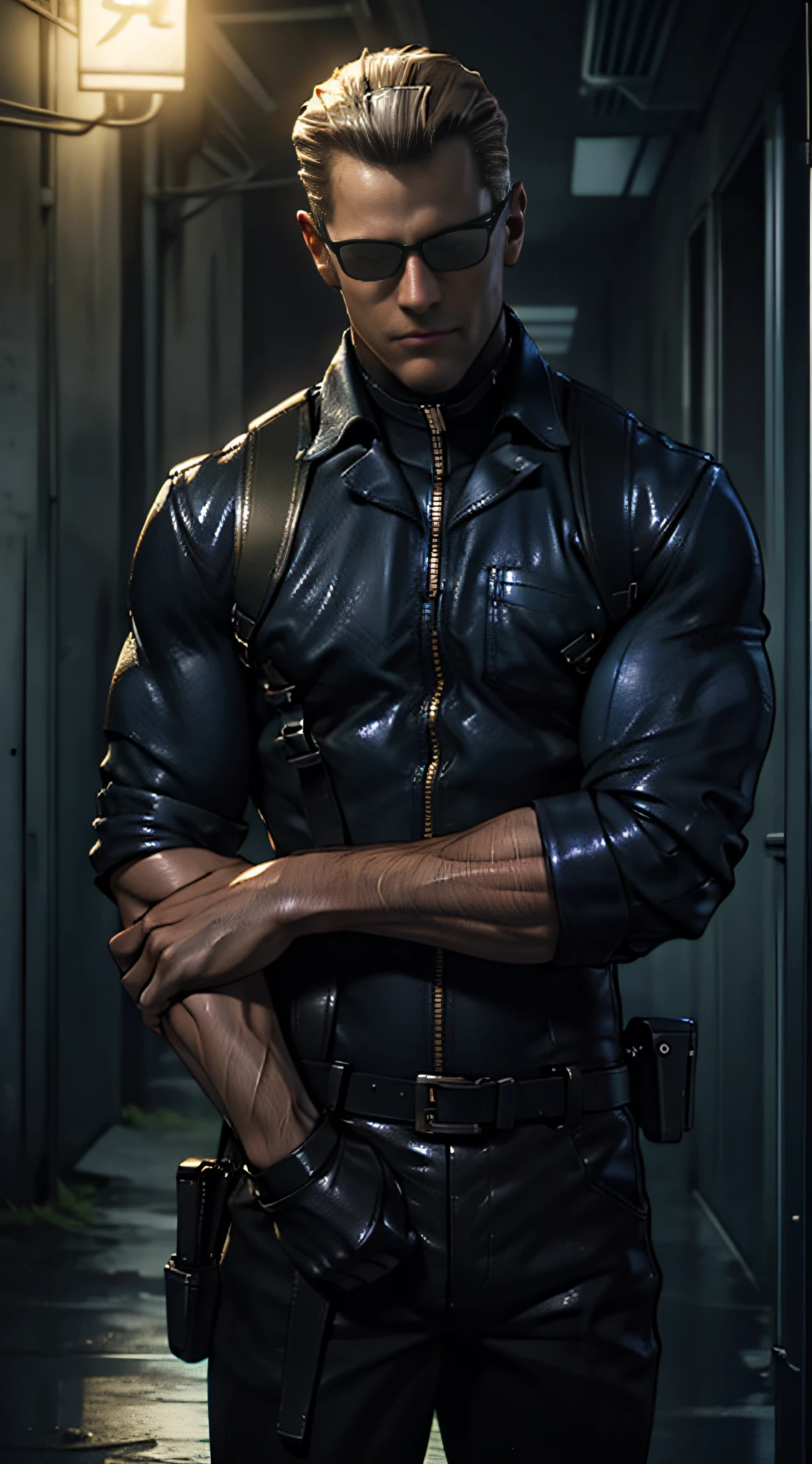 1 man, solo, Albert Wesker (Resident Evil 4 remake), lean muscle male, really tall, wearing a dark blue shirt, brown leather shoulder holster, wearing elegant sunglasses, grey trousers, viewer looking, straight posture, cold face, middle aged, standing in a white hallway, night time, high quality, solo, single male, male focus, upper body shot, best quality, high resolution:1.5, masterpiece