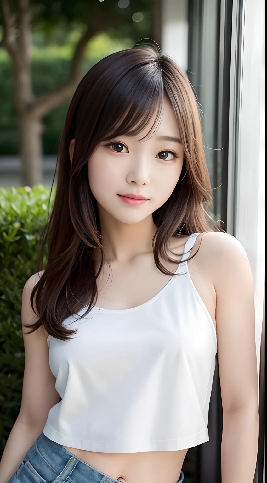 masterpiece, best quality, ultra high res, ultra detailed, sharp focus, 1girl, solo, a stunning pretty and beautiful Japanese sexy model, 19yo, looking at viewer:1.3, (bright smile:0.6), wearing a (blouse), dusk, sunset, night, realistic, slender, (standing:1.1), (looking at the viewer:1.3), sexy gaze, blush, (upper body shot:1.6), medium hair, messy hair, asymmetrical bangs, light brown hair, messy hair style,