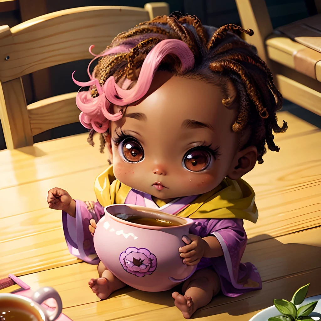 Cute brown skinned baby chibi anime, with freckles,purple and pink kimono, sit in tea cup
