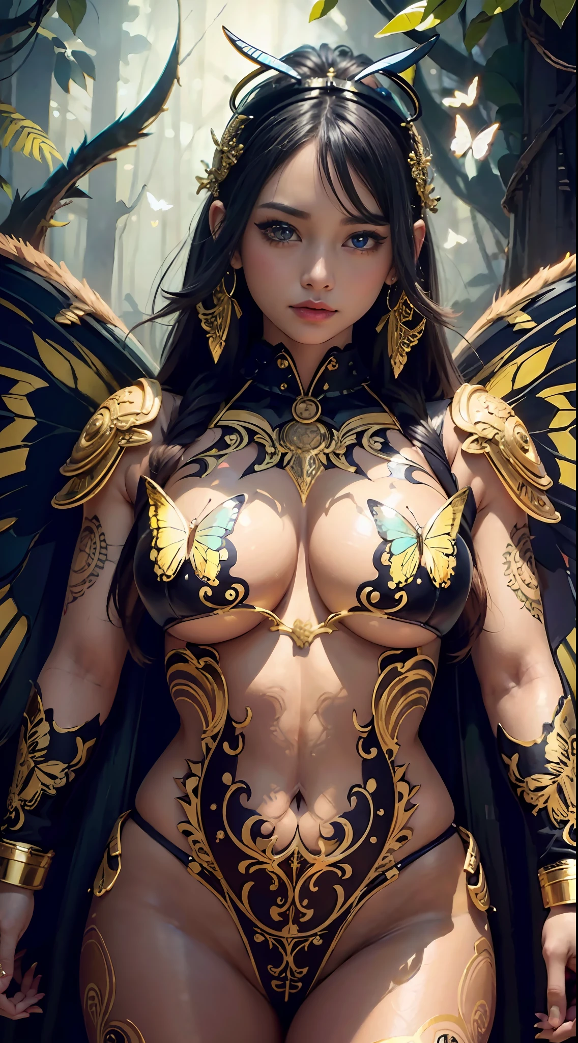 (masterpiece), top quality, expressive eyes, perfect face, smooth skin, tribal tattoo, butterfly girl, butterfly wings, punk style, super plump boobs, tight overalls, tight gold and red gradient armor, 8k_wallpaper, detail eyes, body detail, finger detail, (digital artwork), (manga illustration detail), (line art detail), ((perfect)) anatomy, finest hand)), (fine detail:1.3), (high detail:1 ,3), (illustration :1 , 3 ), (sharp focus:1,3), (natural light:1,05), (light color:1,3), wild forest background,