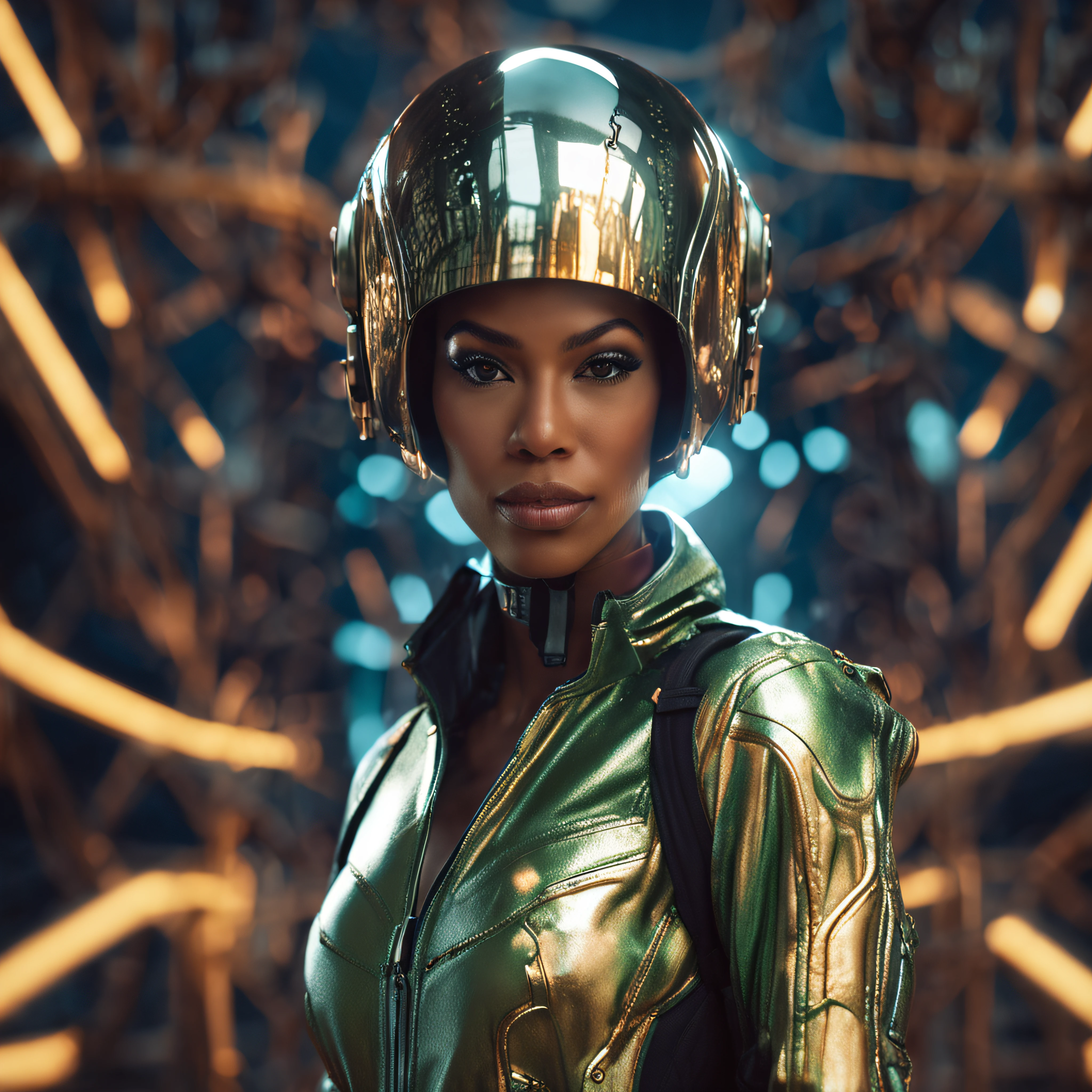 android, (bamboo forest:1), (Adult Spanish woman:1.6), (full body:1.3) (polyvinyl Jacket With Rivets:1.3), astro helmet (open zipper:1.7), (sexy:1.5), (erotic:1.5), (afro hairstyle:1.6), best quality, sunlight, detailed face, gorgeous eyes, realistic skin details, high quality, seen from below, translucent, (voluptuous:1.6), sensual, lascivious, dominant, romantic, high quality, film grain, Cinematic Light, sidelighting, sharp focus