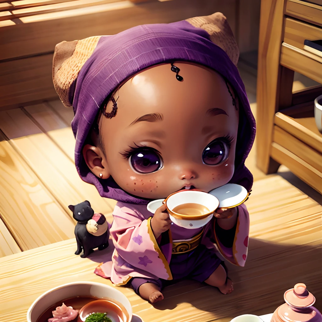 Cute brown skinned baby chibi anime, with freckles,purple and pink kimono, sit in tea cup