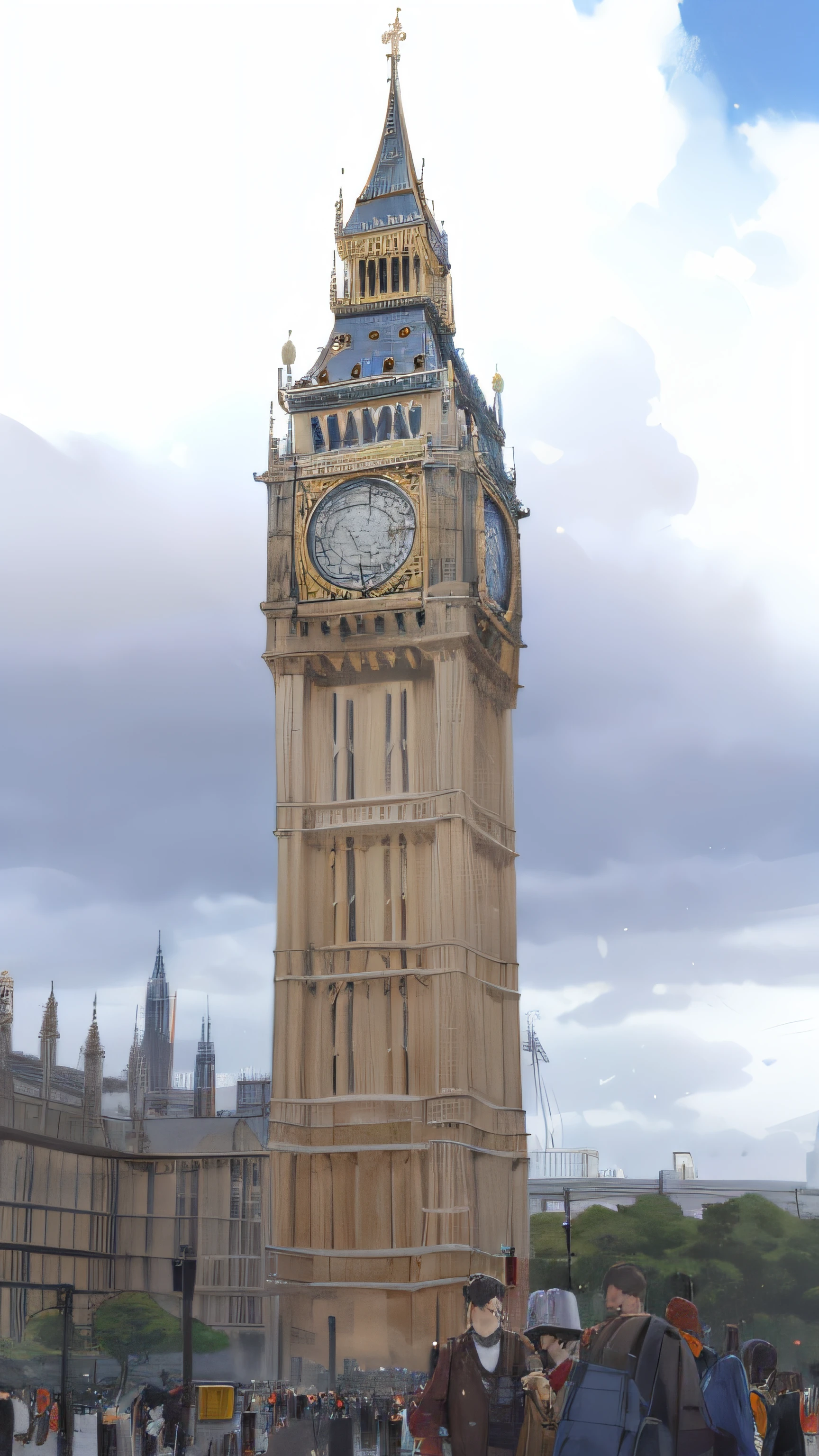 Araffed tower with a clock on it and people walking around, Grande Ben, Big Ben is in the background, Londres Big Ben no fundo, Londres, 4 0 9 6, big clock, clocktower, Casas do Parlamento, Big Ben na Lua, As Casas do Parlamento, clocktower, parlamento, Torre Steampunk Gigante e Imponente, giant clock, imponente