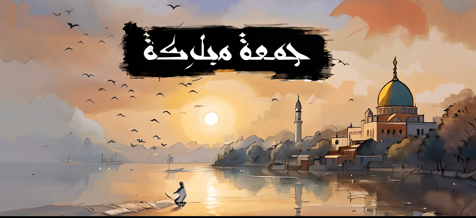 painting of a mosque with birds flying over it and a man standing in the water, by Ahmed Karahisari, by Shaddy Safadi, by Kamāl ud-Dīn Behzād, by Lojze Logar, by Abdullah Gërguri, by Ibram Lassaw, by Nabil Kanso, by Maryam Hashemi