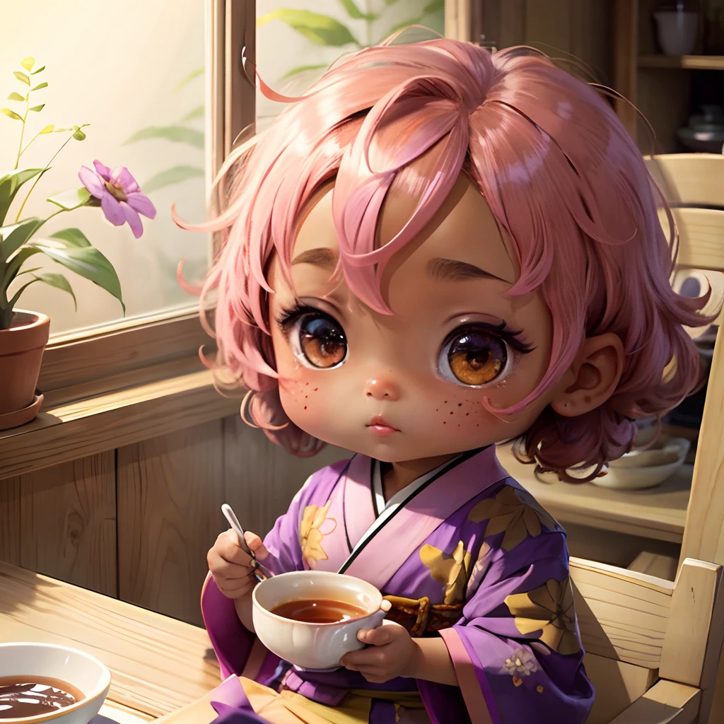 Cute brown skinned  chibi anime, with freckles,purple and pink kimono, sit in tea cup