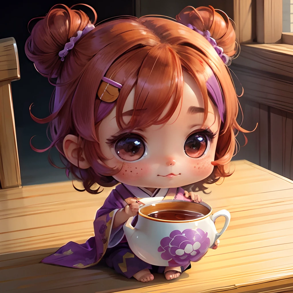 Cute brown skinned baby chibi anime, with freckles,purple and pink kimono, sit in tea cup