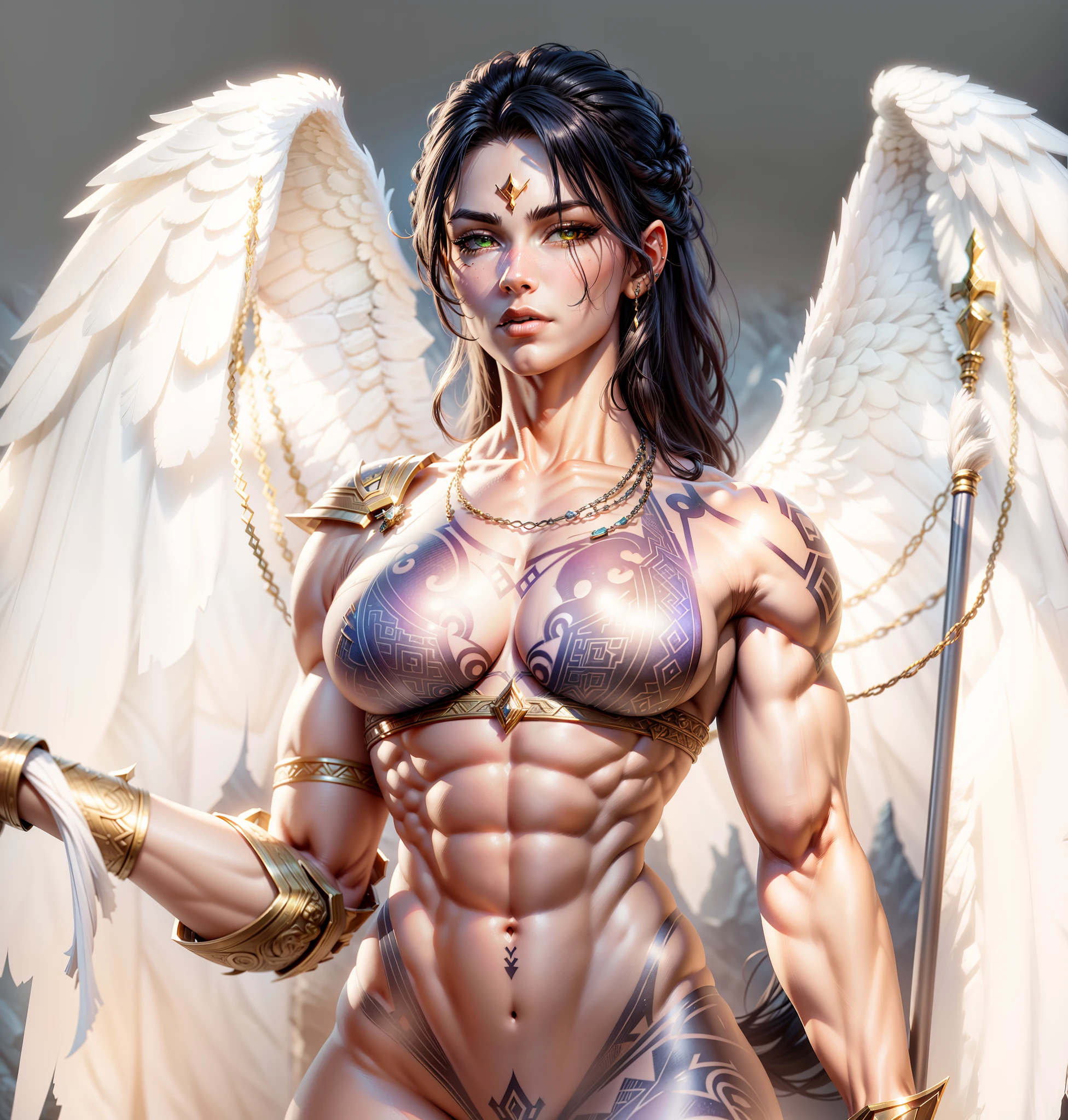 Asgard，valkyrie，Senhora Cavaleiro，Anatomia correta，epic fantasy digital art，tmasterpiece，8k，high-definition resolution，desenho detalhado，Qulidade Superior，, Epic composition, músculous body, tattoo on the muscular abdomen