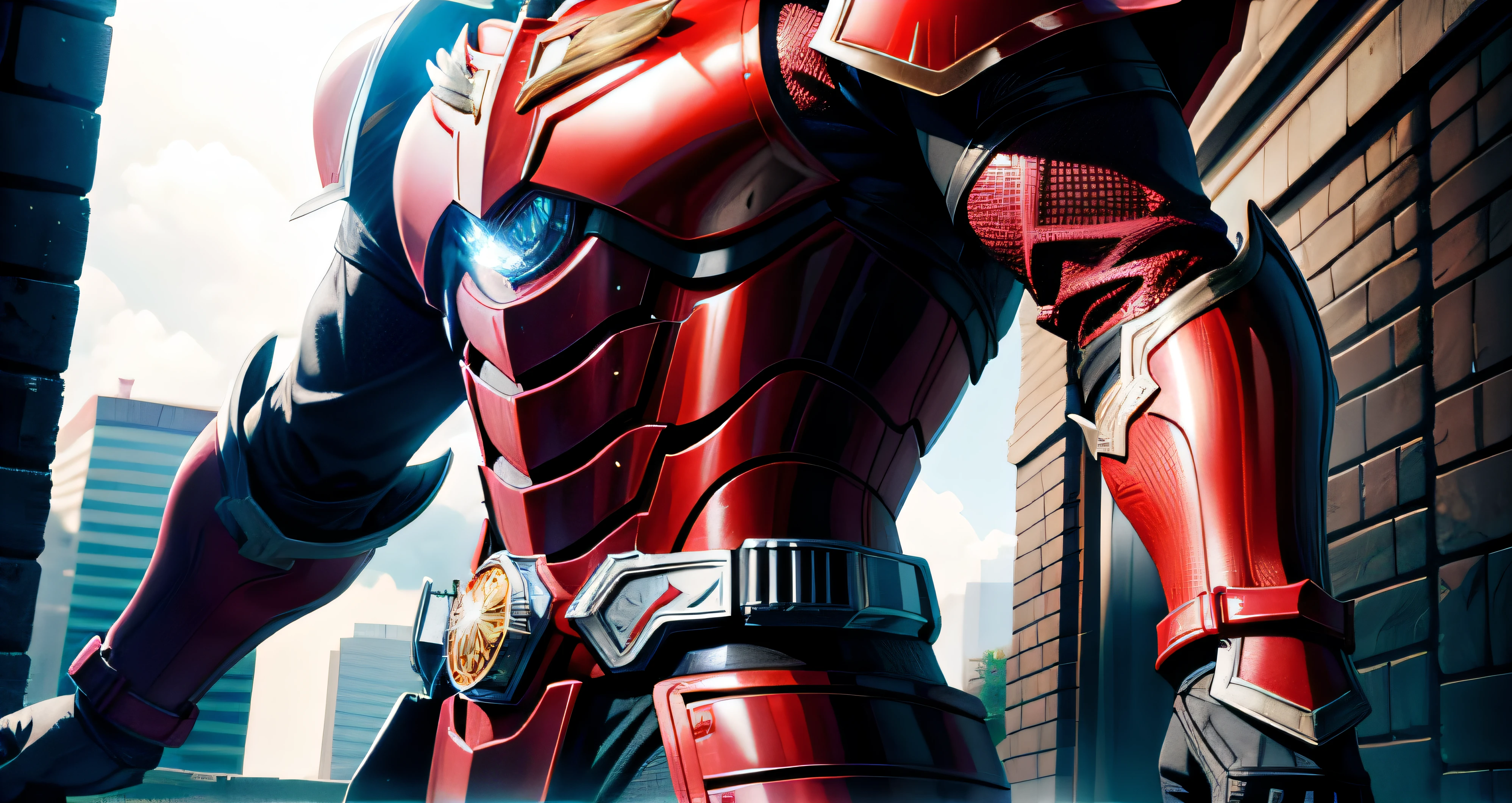 A man in red armor，The background is the city，closeup cleavage，Kamen Rider style，high high quality，High picture quality，A high resolution，Hyper-realistic，Change the background