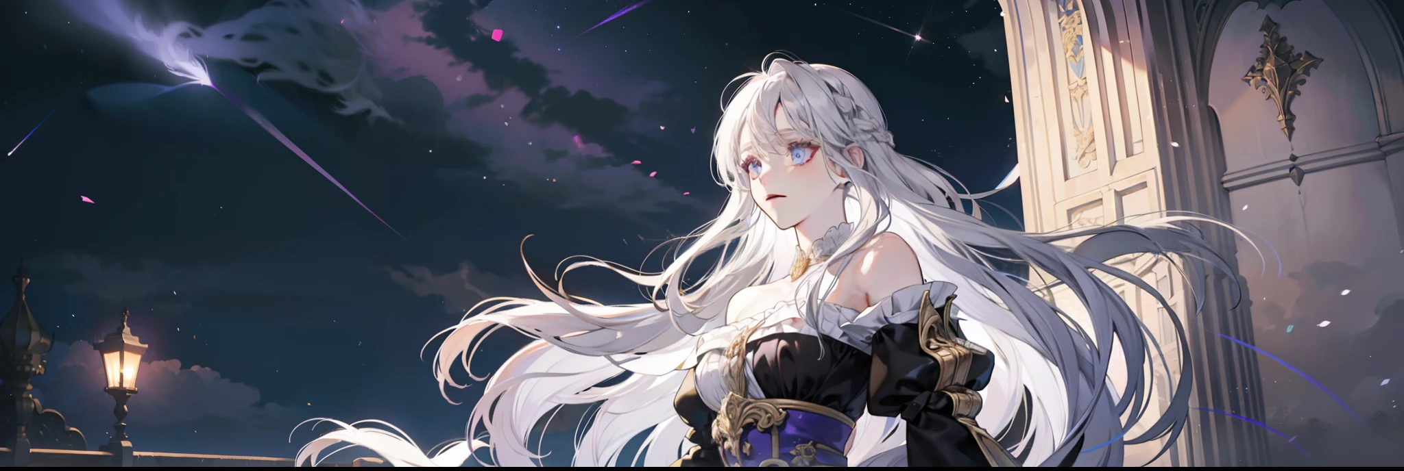 Maiden in a European castle，long layered silvery white hair，Long hair scattered，Long fluffy hair，Light purple eyes，Black dress，Shoulders exposed，The feeling of the wind blowing，the night，Lights in the distance，Shooting stars dart across the sky，Cinematic lenses，Light，atmosphere，Drawing，Full-HD，Ultra detailed，carefully drawn，