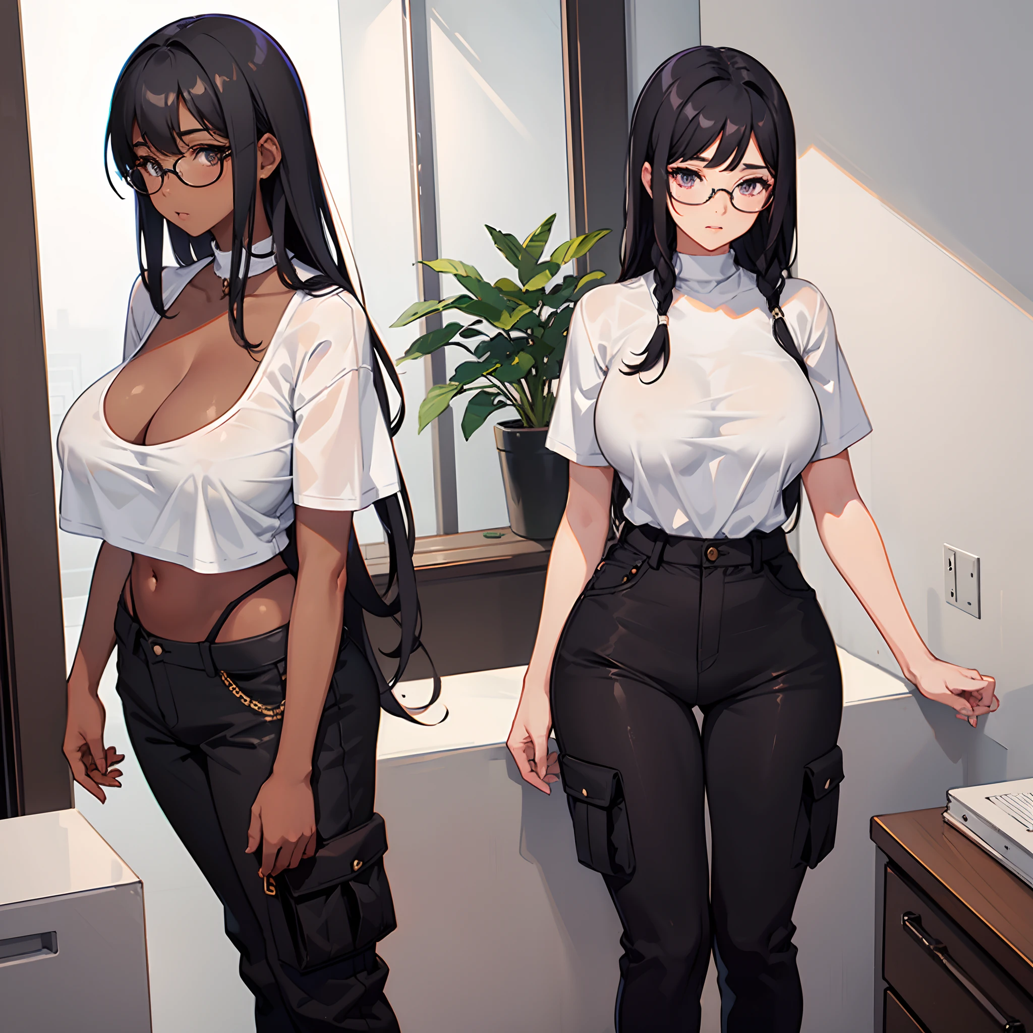 1girl,blowjob,black skin,girl,long black hair,brazilian,eyes,round glasses,big boobs,thicc hips,big butt,sexy body,alone photo,standing,open unbuttoned white shirt,exposed boobs,panties,no bra,1 boy, tanned dark skin,boy, brazilian,teenager,using glasses,white t shirt,black cargo pants