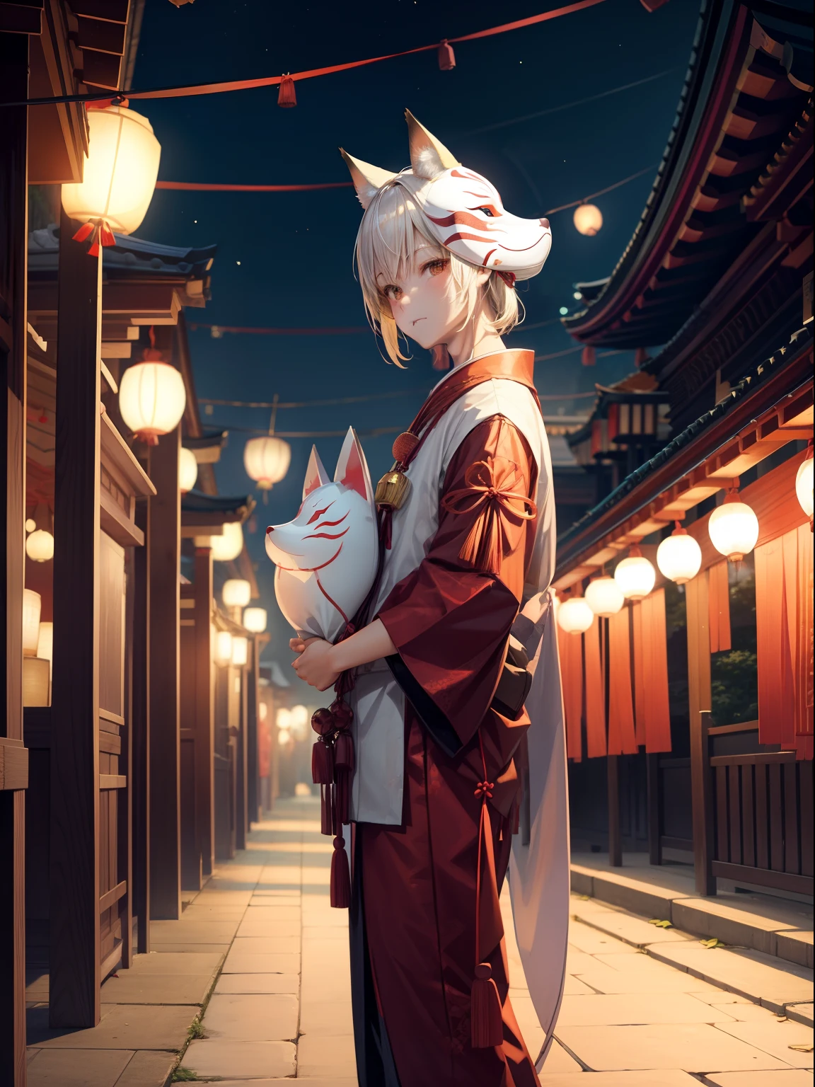 Festive night、Precincts of the shrine、paper lanterns、A boy wearing a fox mask is standing with a pout.、Bokeh background