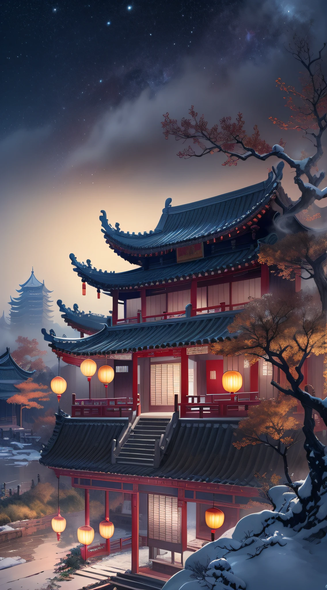Rendering in surreal CG ancient China,Jiangnan ancient buildings and ancient towns have Yaolin wonderland。the night,The stars are bright,The smoke is fascinating,Maple leaves and milk leaves are trees。snow landscape。k hd
