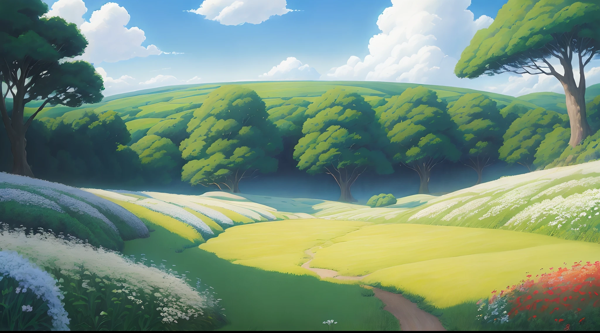Realistic, authentic, beautiful and amazing landscape oil painting Studio Ghibli Hayao Miyazaki's petal grassland with blue sky and white clouds --v6