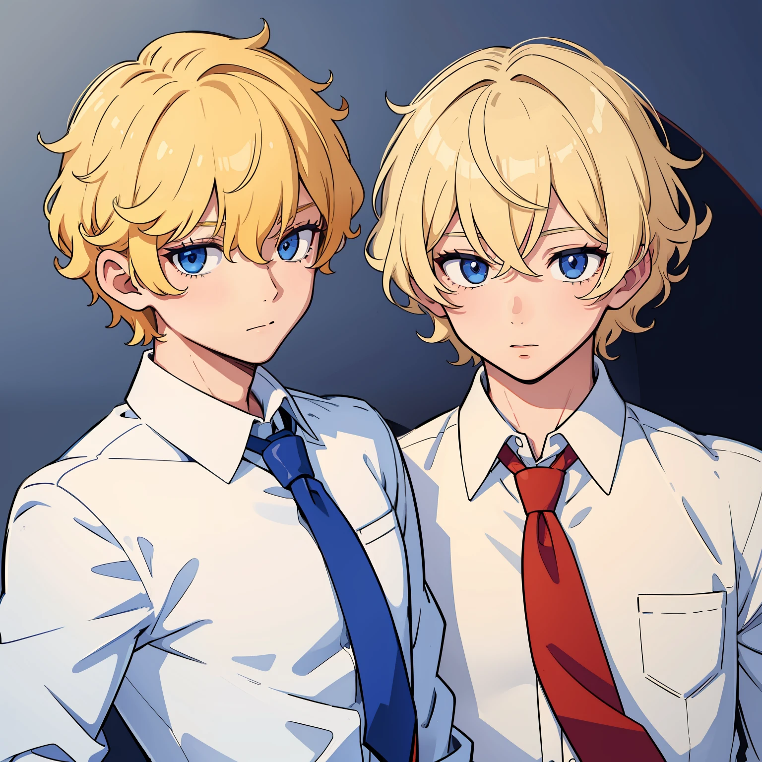 superfine illustration,Animated,1boy,man,Man's,Yaoi,Guy,man,Man's,Short hair,Curly hair,Parted bangs,Blonde hair,Blue eyes,White skin,white  shirt,red necktie