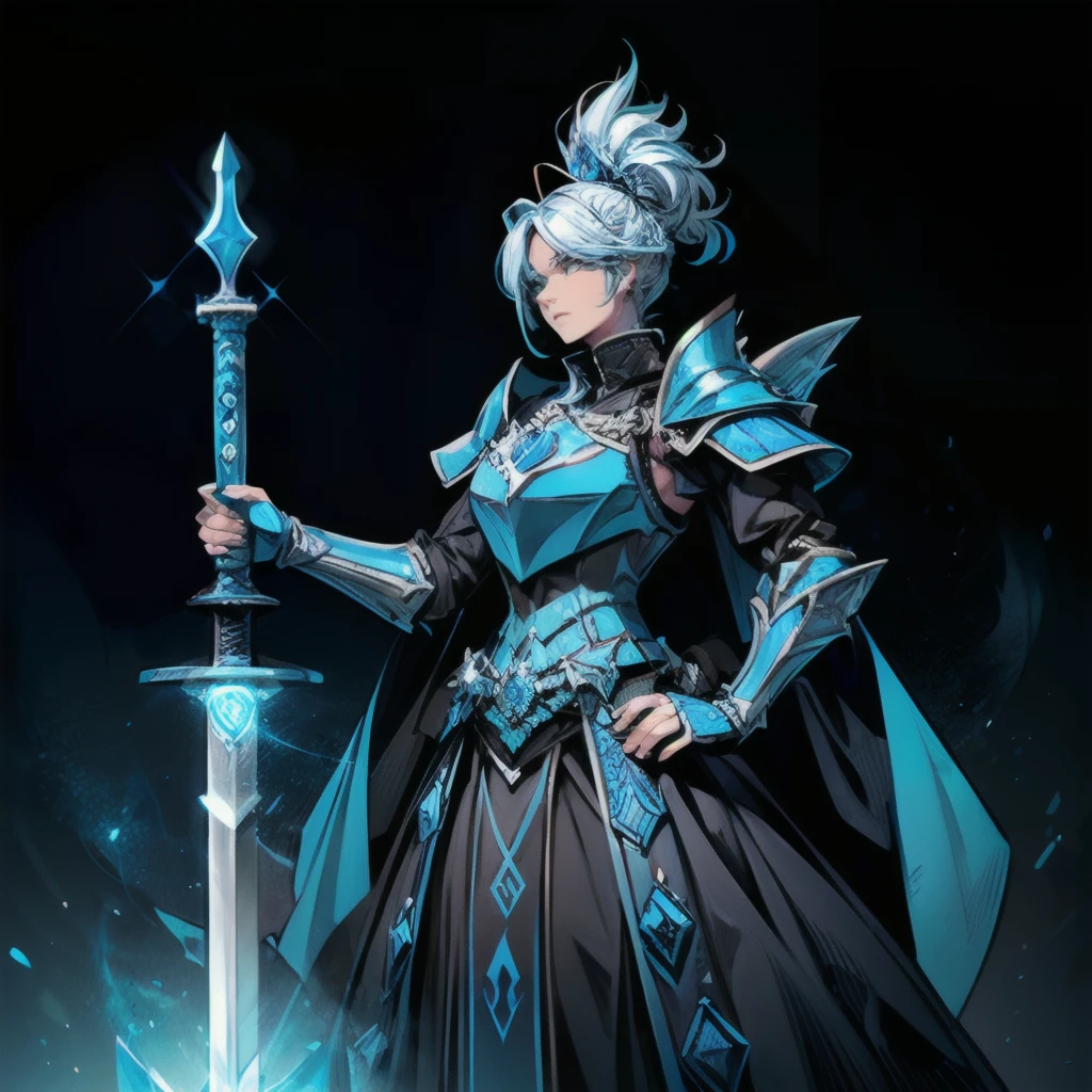 (colorful line art logo portrait) of royal knight, full plate black armor, (holding blue-glowing legendary sword with both hands:1.3), magic flows