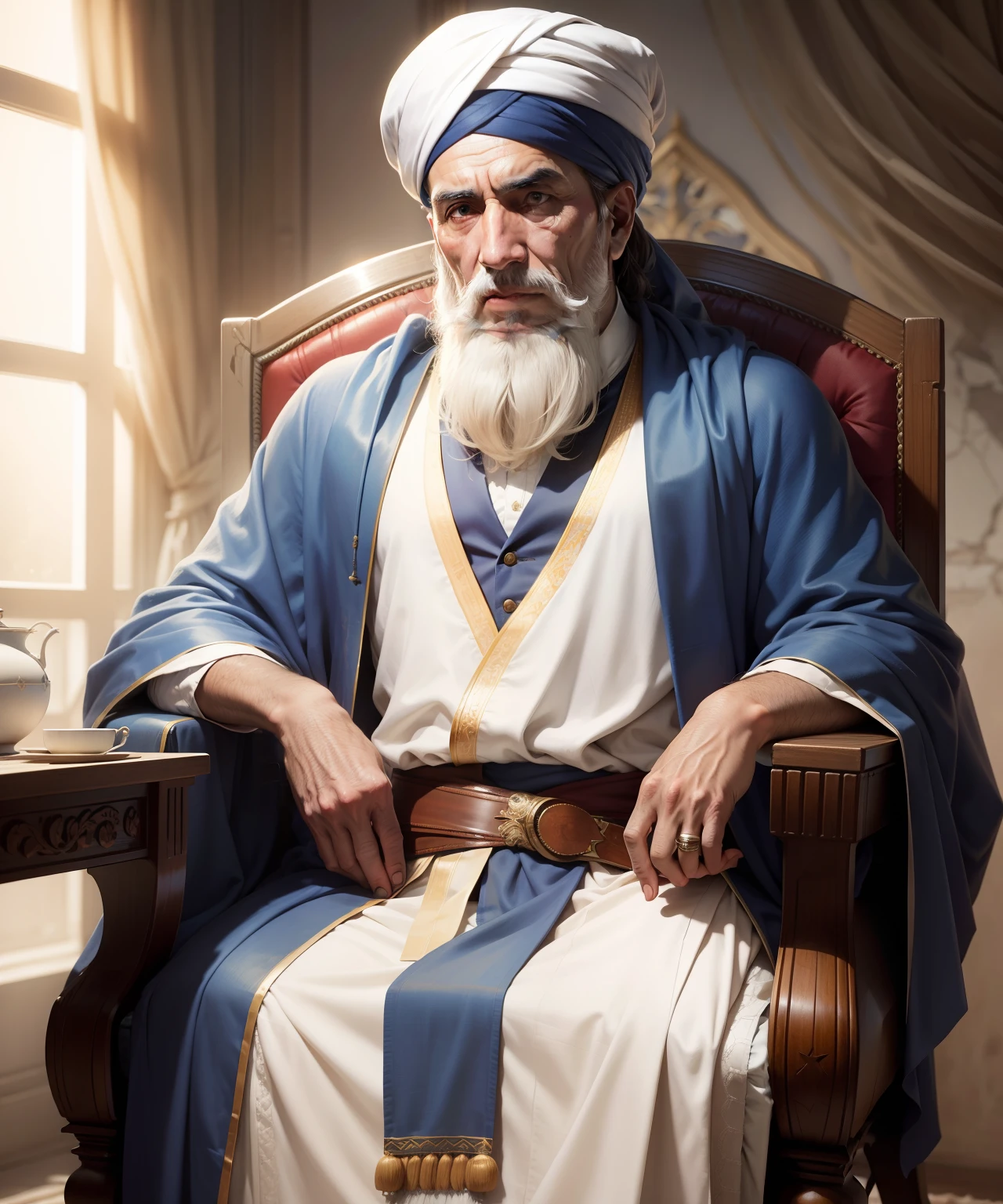 A Pashtun leader with white turban and blue robe sitting on chair