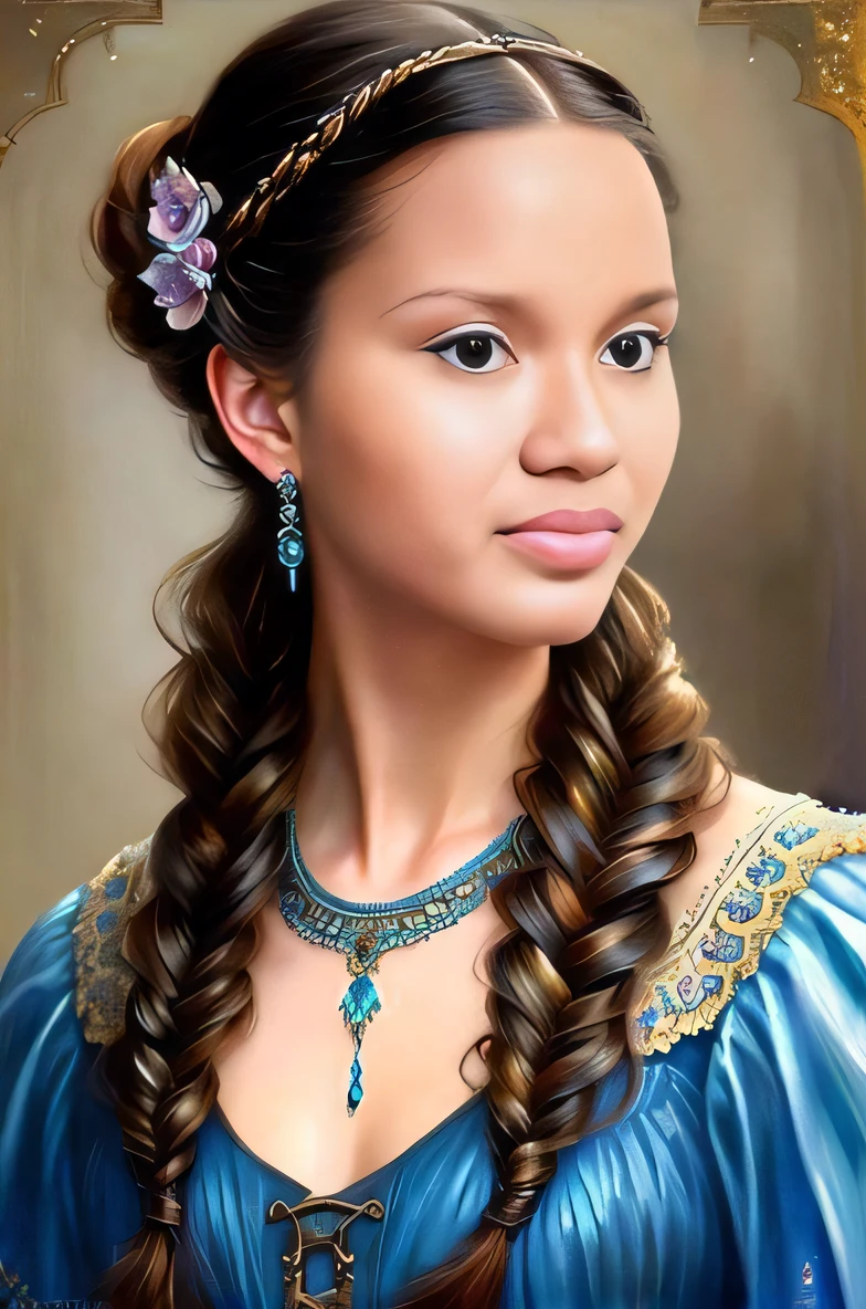 um close up de uma mulher com um vestido azul e um colar, pintura realista bonita, pintura realista da  bonito, Pintura do retrato de uma princesa, retrato muito bonito, retrato bonito detalhado, elegant fantasy style braids, pintura de personagem bonita, retrato da princesa, arte digital. foto realista, pintura de bonito, Maia Sandu Hiper-realista, retrato bonito da arte da fantasia, lindo pintura digital