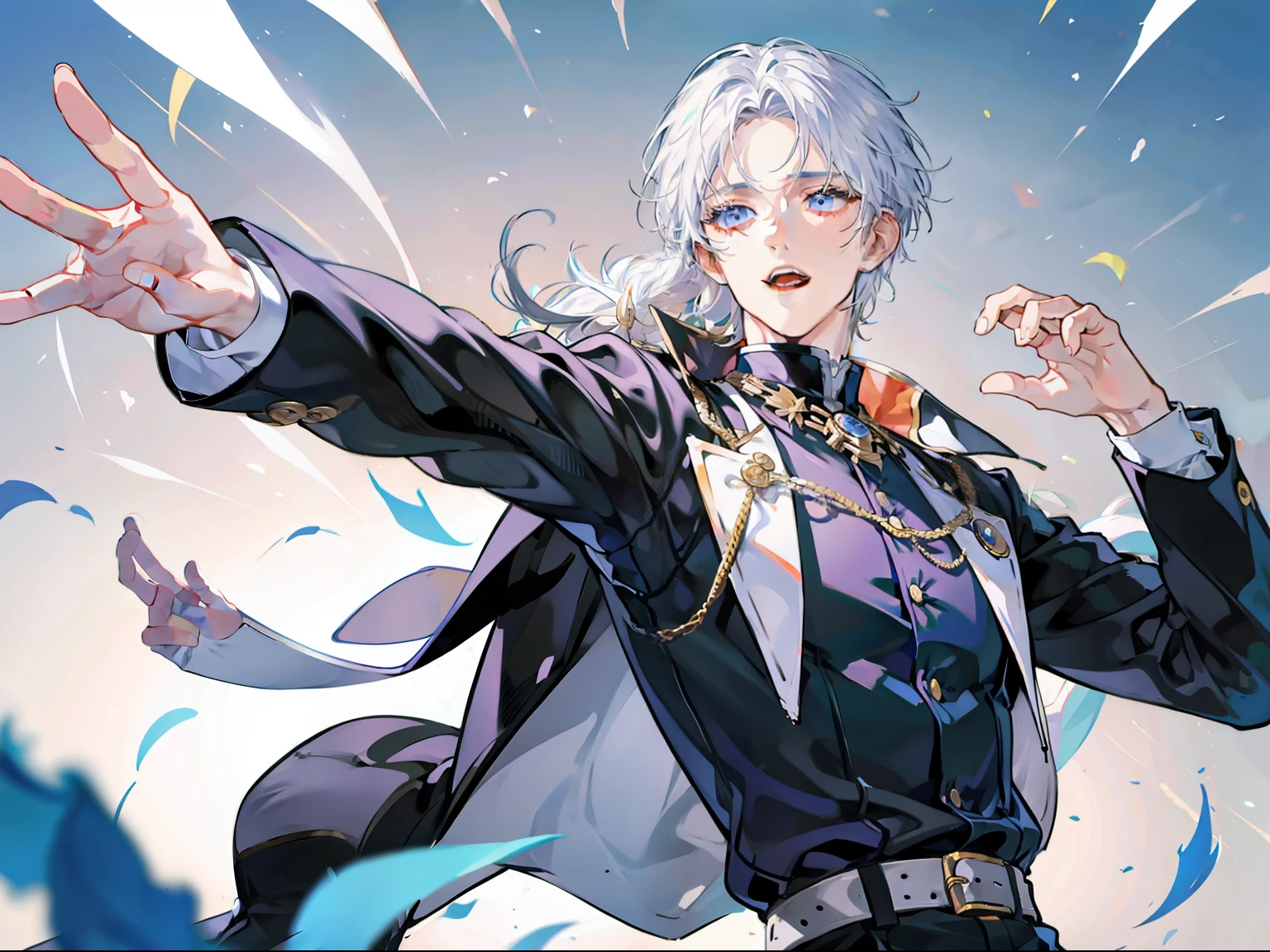 The boy with white hair，Mouth open，expression of surprise