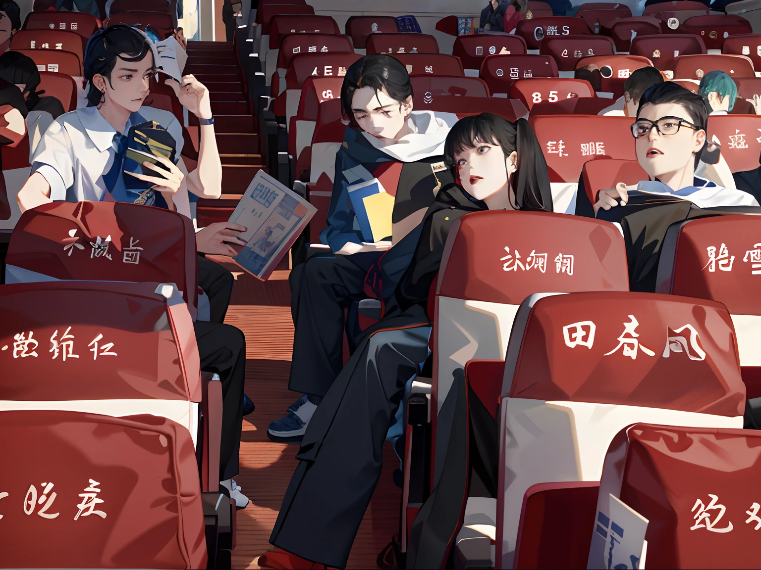 Several people sat in rows of seats，Red seats and white seats, lecture halls and gambling dens, College, screenshots from movies, college aged, Movie, Student, live, video still, Cai Xukun, author：Yi Yuanji, Thought-provoking, they are very serious, Scene from Movie, High school, author：Yi Zaiwan