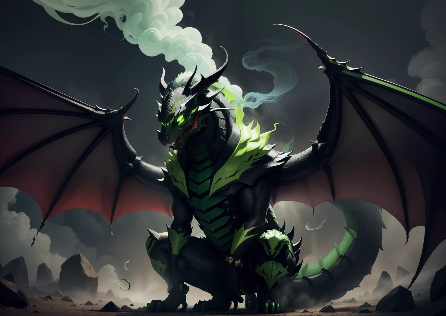 1Black dragon,adicionar veneno na boca, adicionar armadura prata, adicionar asas grandes, dentes afiados, Two paws on the ground, dragon's head, veneno verde, demonio, veneno verde, green smoke, Vapor verde, place covered with green smoke, veneno, acid, gosma,