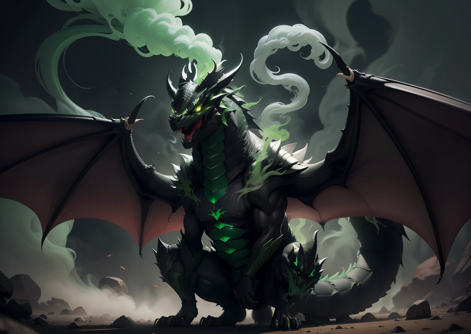 1Black dragon,adicionar veneno na boca, adicionar armadura prata, adicionar asas grandes, dentes afiados, Two paws on the ground, dragon's head, veneno verde, demonio, veneno verde, green smoke, Vapor verde, place covered with green smoke, veneno, acid, gosma,