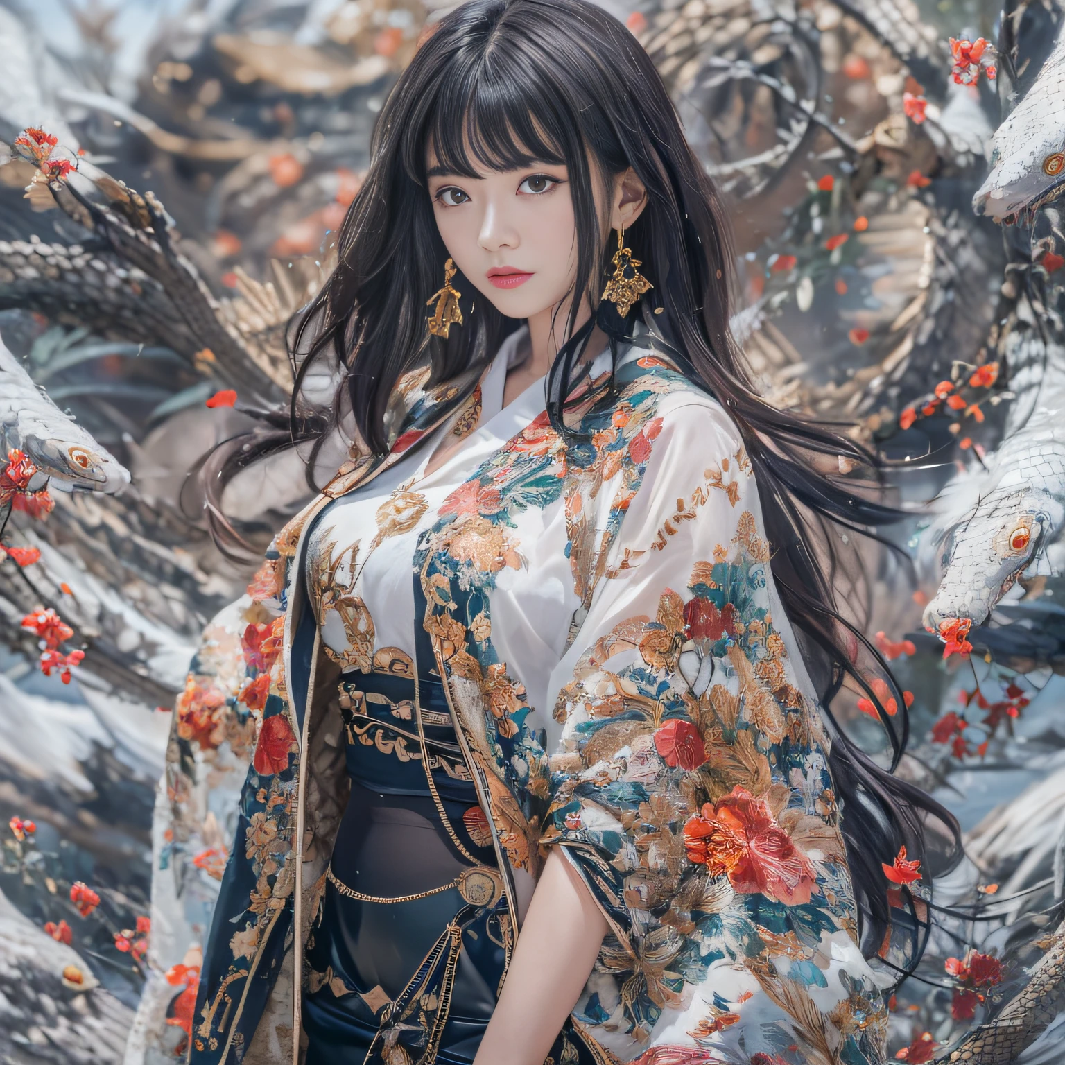 32K(tmasterpiece,k hd,hyper HD,32k)Flowing short hair,Backroom pond,zydink, a color, Asian people (Silly girl), (Silk scarf), Combat posture, looking at the ground, long whitr hair, Floating hair, Python belly pocket, Chinese clothes jacket, longer sleeves, (abstract ink splash:1.2), white backgrounid,Kirin Beast Protector (realisticlying:1.4),black color hair,Snowflakes fluttering,The background is pure, A high resolution, the detail, RAW photogr, Sharp Re, Nikon D850 Film Stock Photo by Jefferies Lee 4 Kodak Portra 400 Camera F1.6 shots, Rich colors, ultra-realistic vivid textures, Dramatic lighting, Unreal Engine Art Station Trend, cinestir 800,
