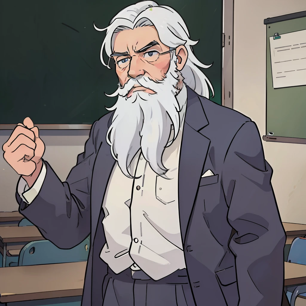 An old man with white hair and a long beard，Stand in the classroom，The expression is serious，Upper body display